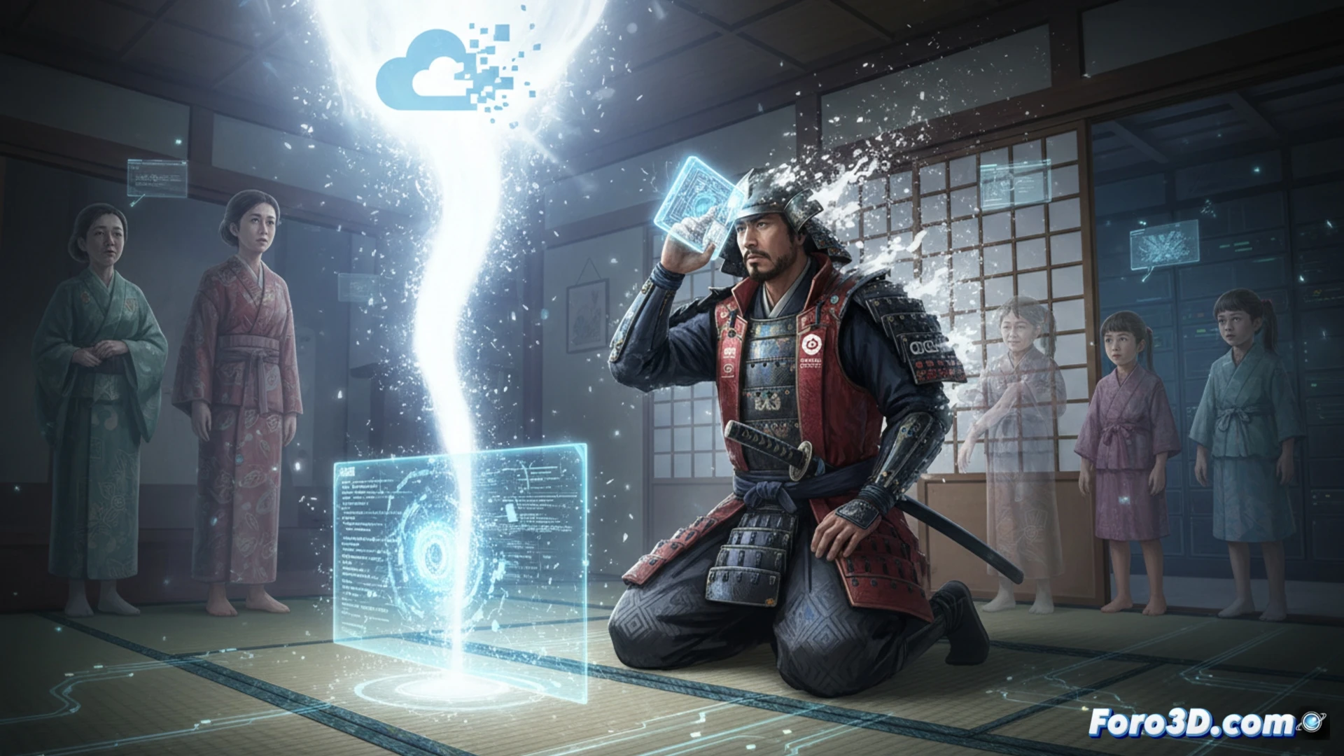 Un samurai arrodillado se disuelve en un haz de luz digital, borrando su conciencia en una nube de datos.