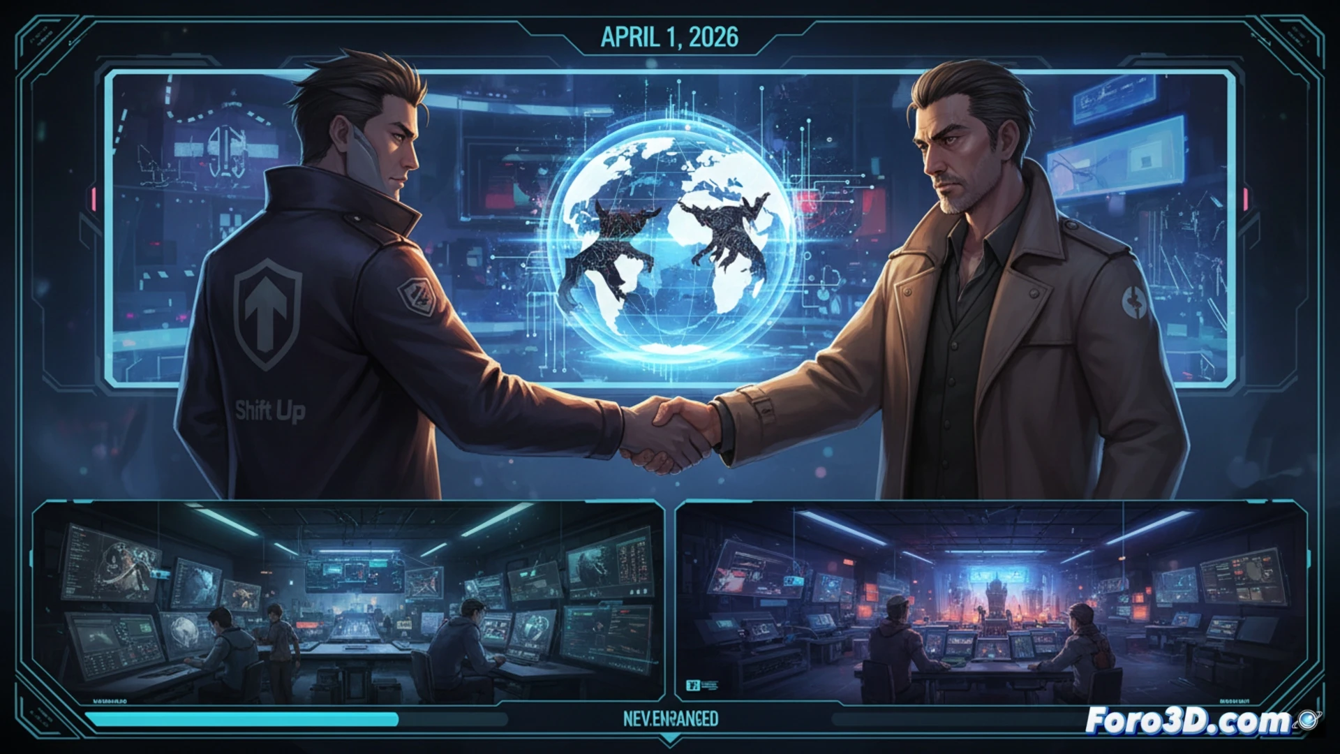 Shinji Mikami y Kim Hyung-tae en una sala de reuniones, con logos de Shift Up y Unbound Games en la pared.