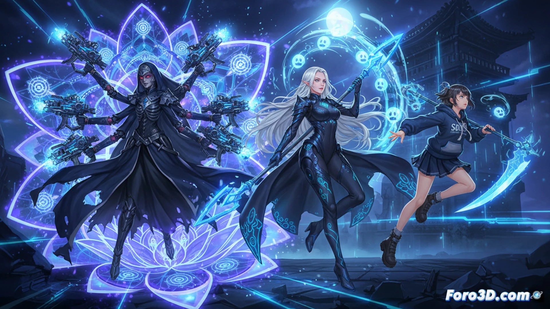 El personaje Blue Pieta dispara en un escenario lateral lleno de balas y enemigos de estilo bullet hell.