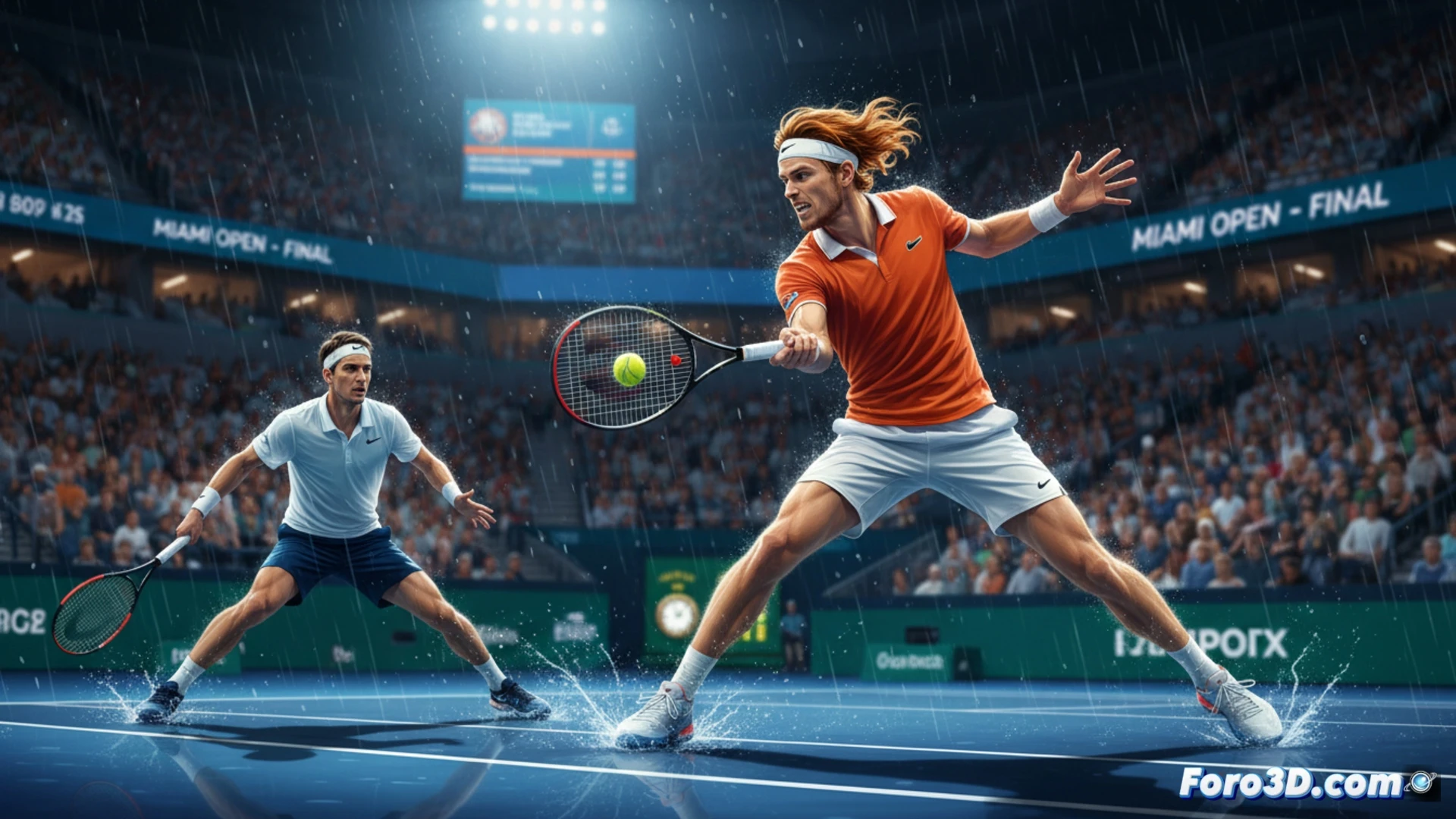 Modelo 3D de un tenista ejecutando un golpe, con trayectorias de pelota y zonas de impacto superpuestas en la cancha.