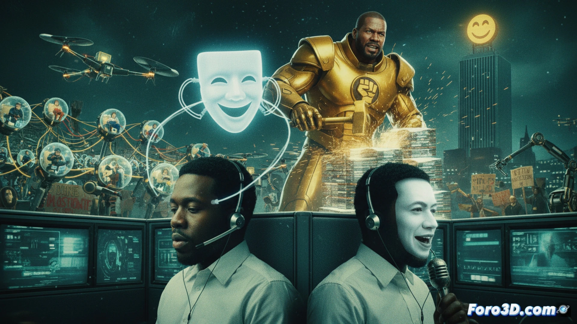 Cassius Green habla por telefono con su voz blanca, en un fondo de oficina distopico y colores surrealistas.