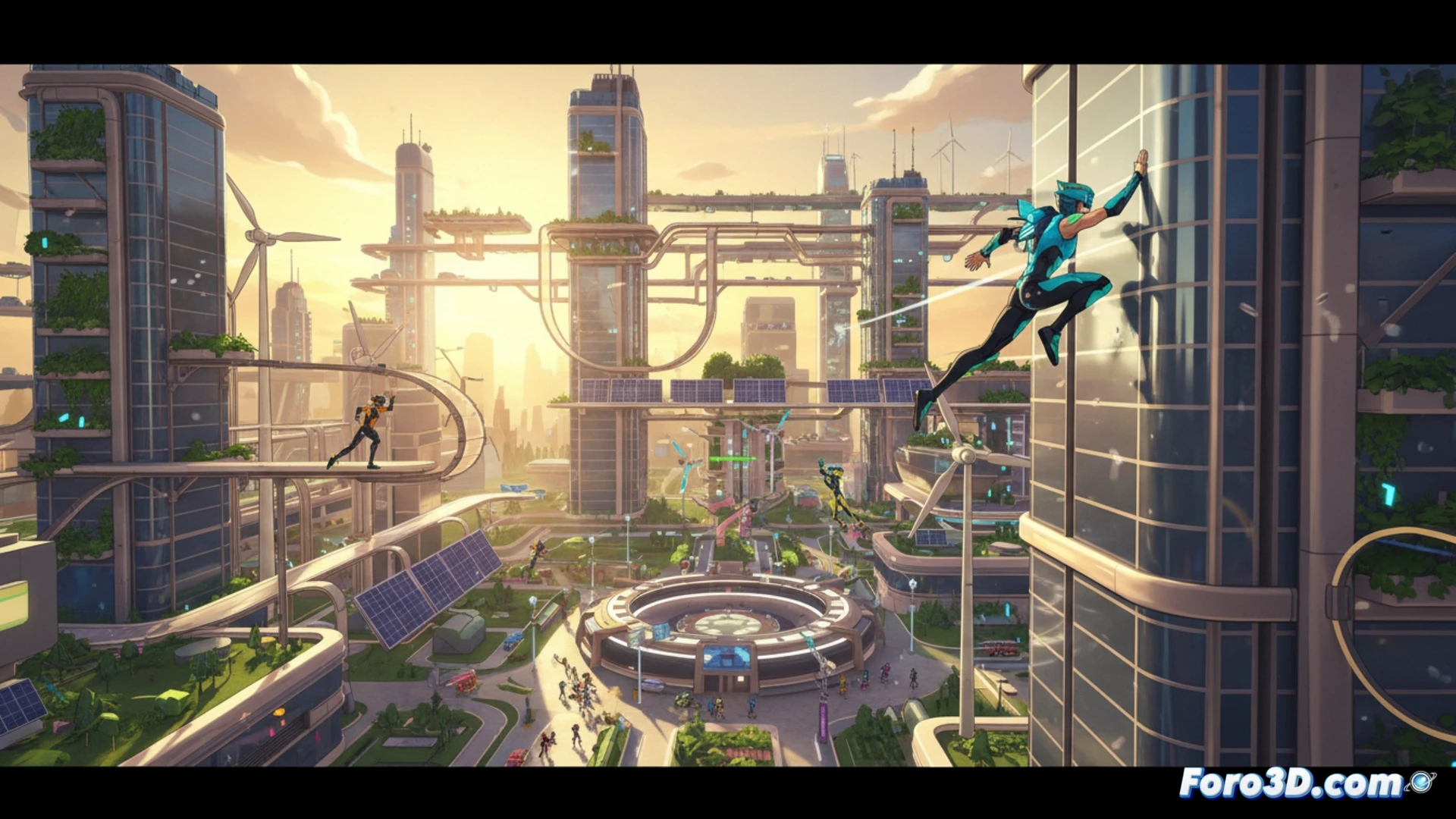 Personaje realizando parkour en un entorno urbano pixelado 2D, con varios rivales compitiendo en carrera.