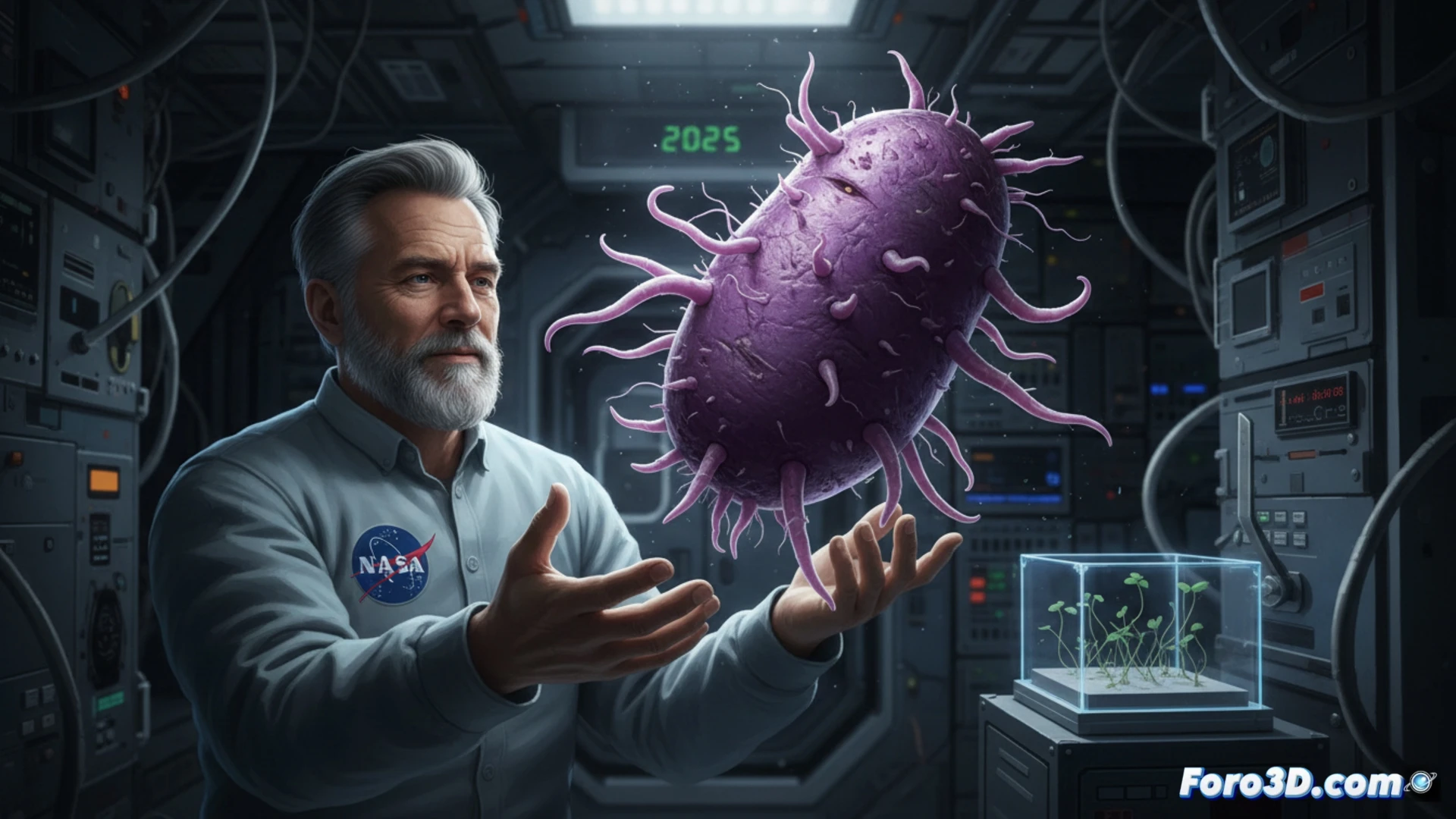 Modelo 3D de un tubérculo de patata morada con brotes alargados, flotando sobre un fondo que simula el interior de la Estación Espacial Internacional.