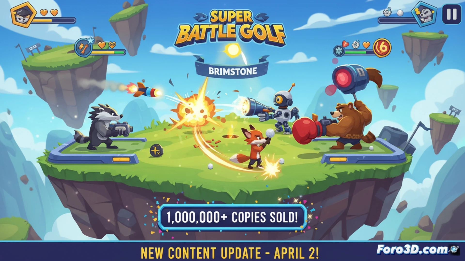 Captura de Super Battle Golf mostrando a varios personajes en un campo de golf caótico, con obstáculos y power-ups.