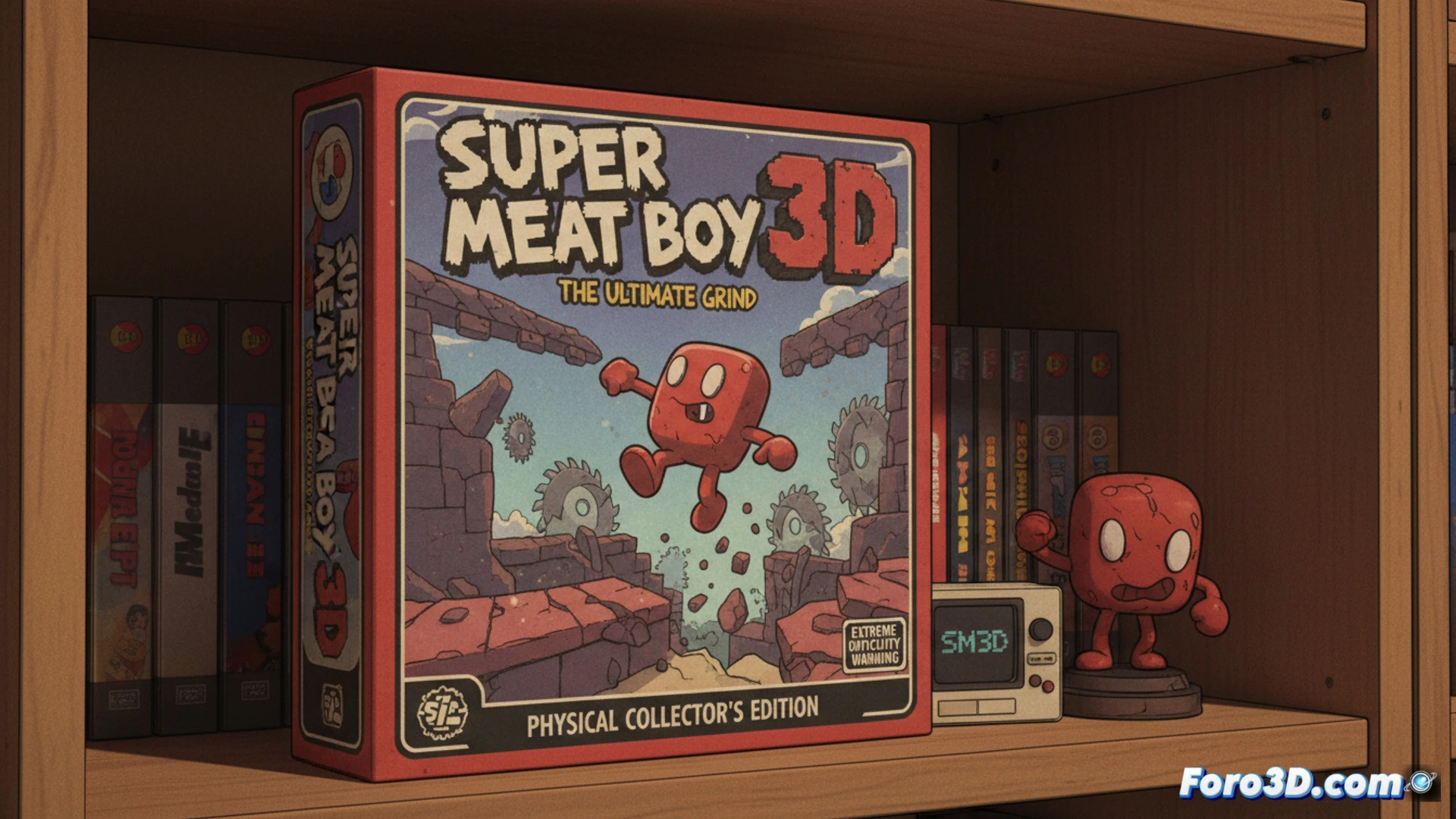 Physical box of Super Meat Boy 3D next to a controller, on a shelf with other video games.