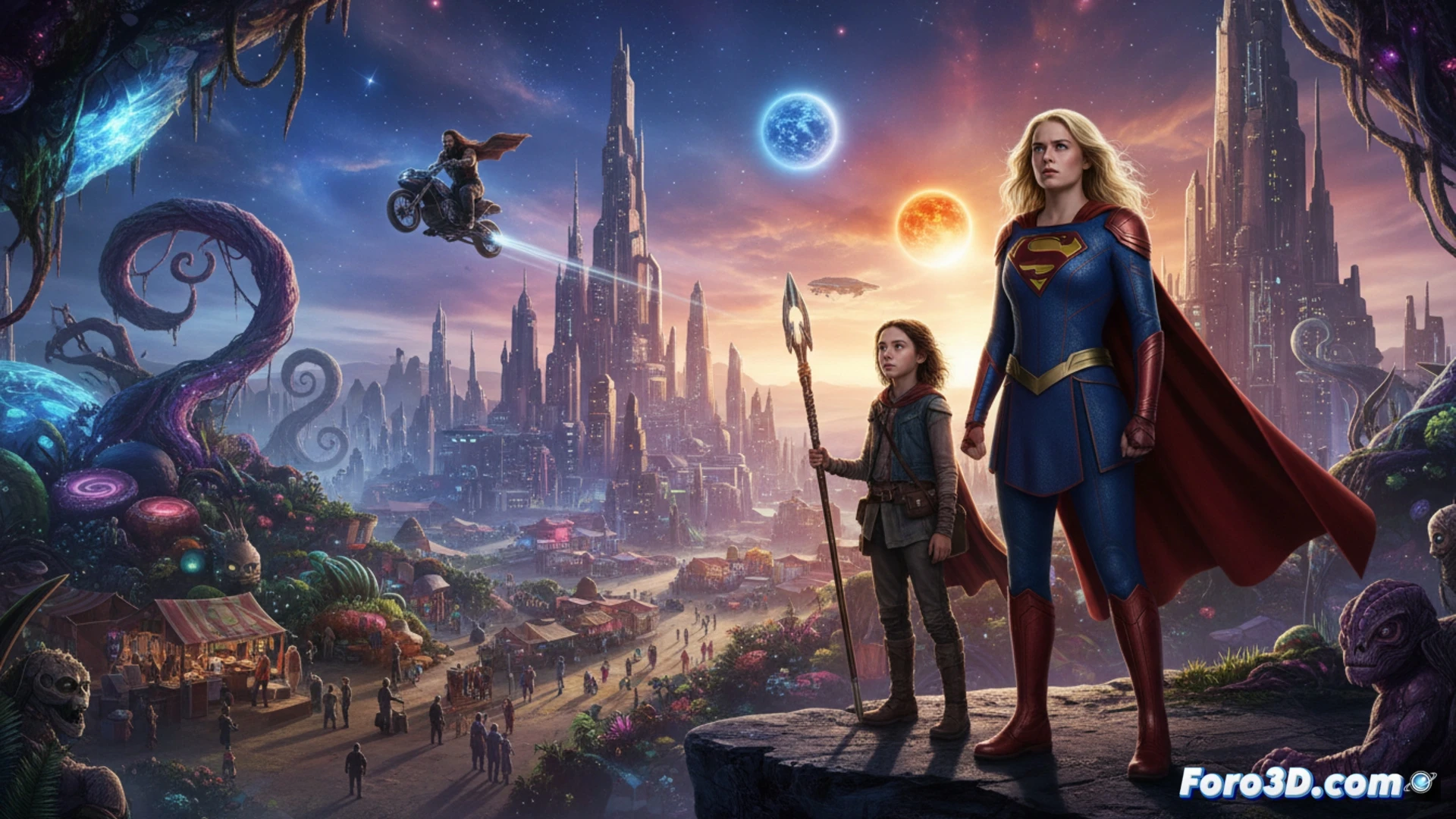 Supergirl viaja entre planetas generados en 3D durante la fase de preproduccion y diseno visual de la pelicula.