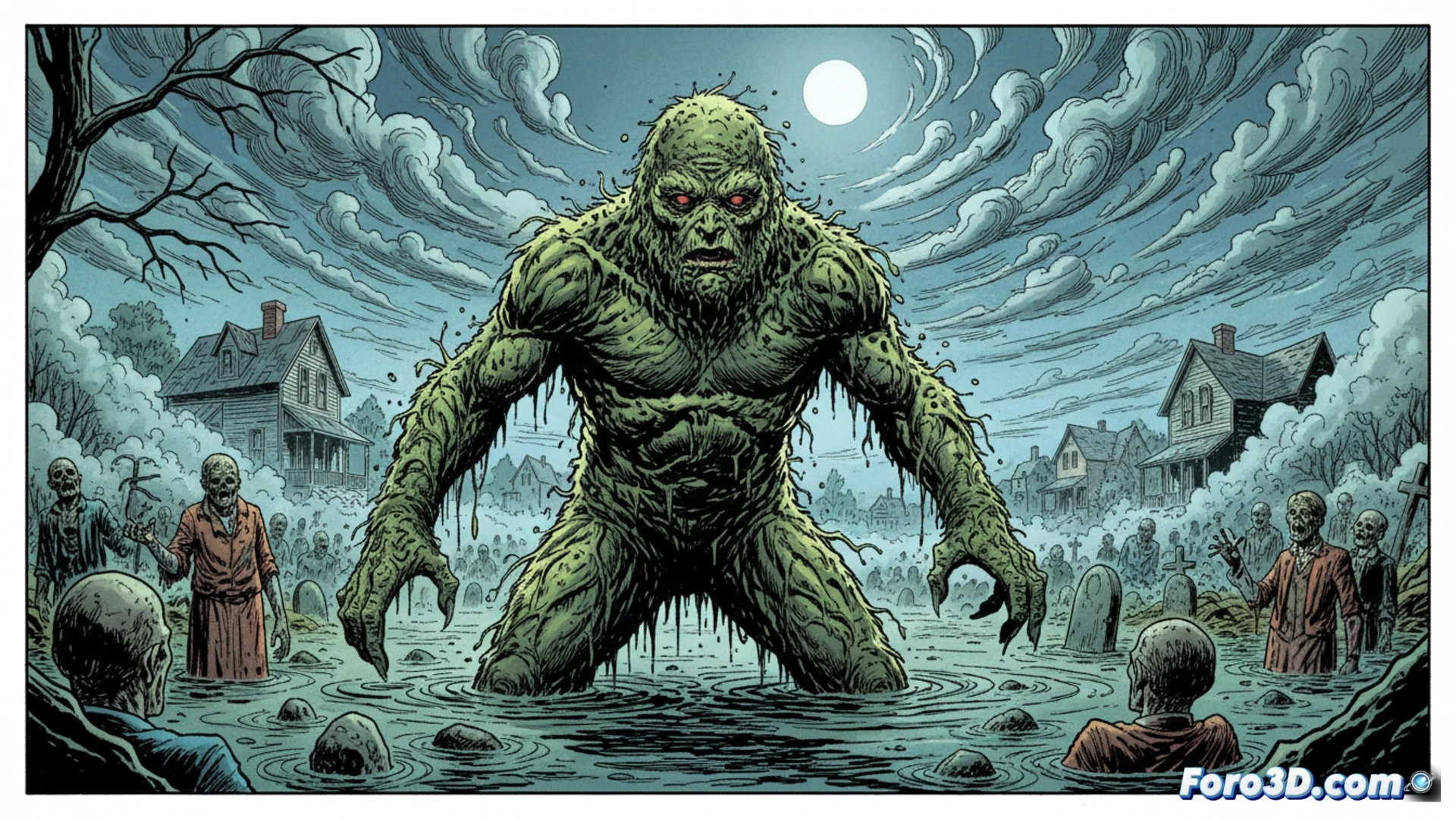 Cover of Swamp Thing graphic novel with swamp creature and dark forest, eighties horror style.