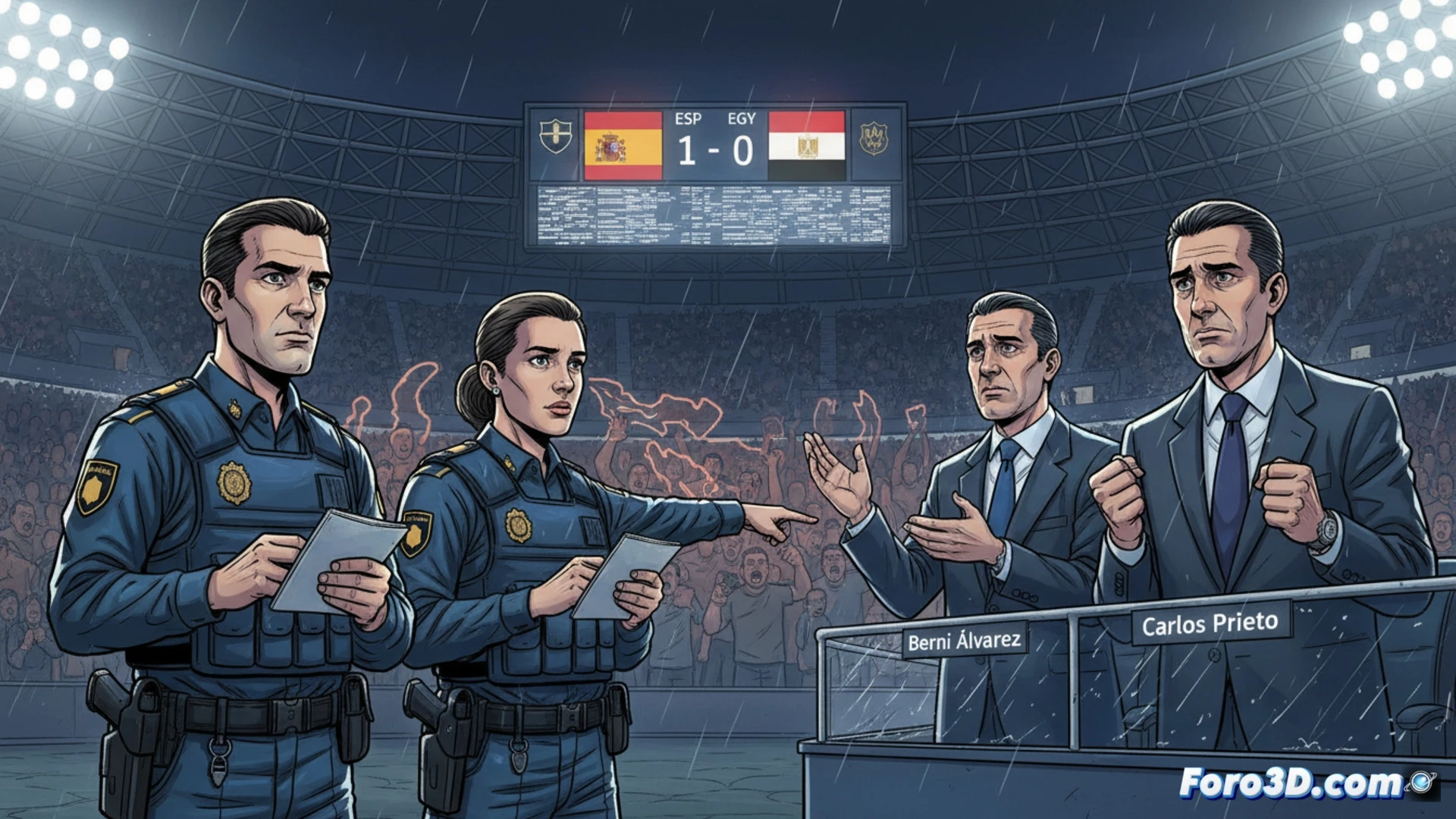 Reconstruccion 3D de un estadio de futbol con areas de origen de canticos marcadas en rojo sobre una representacion termografica.