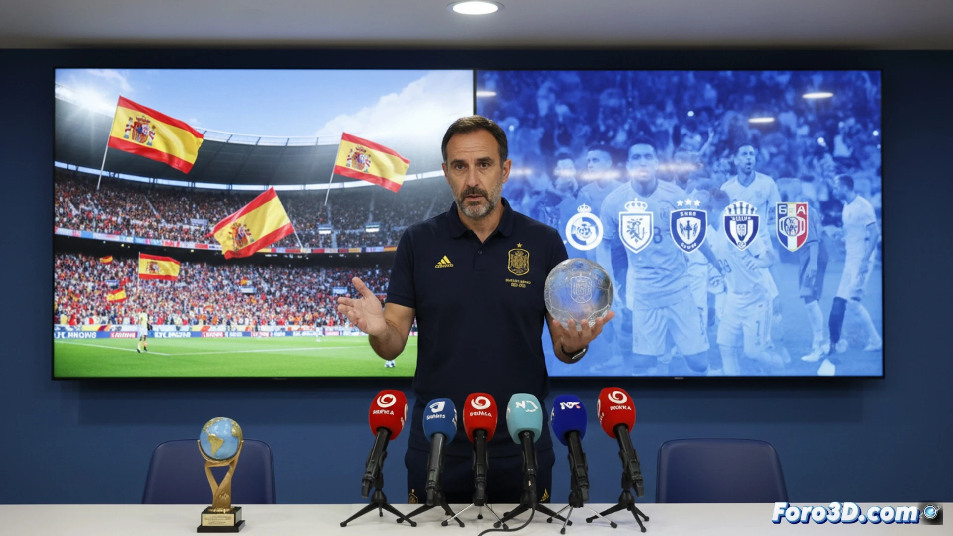 Entrenador analiza modelo 3D de un jugador en tablet, con graficos de movimiento y datos de rendimiento superpuestos.