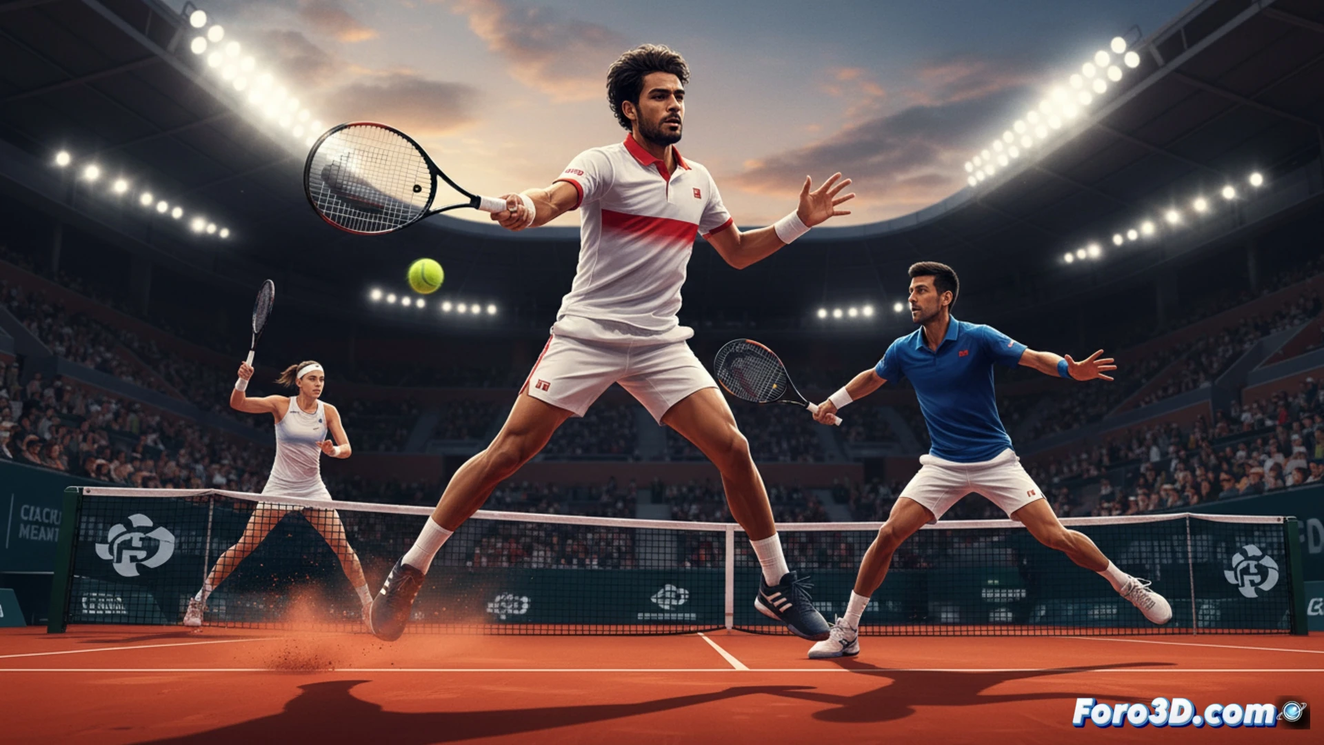 Vista 3D de una cancha de tenis con trayectorias de pelota y datos biomecánicos superpuestos sobre un jugador en movimiento.