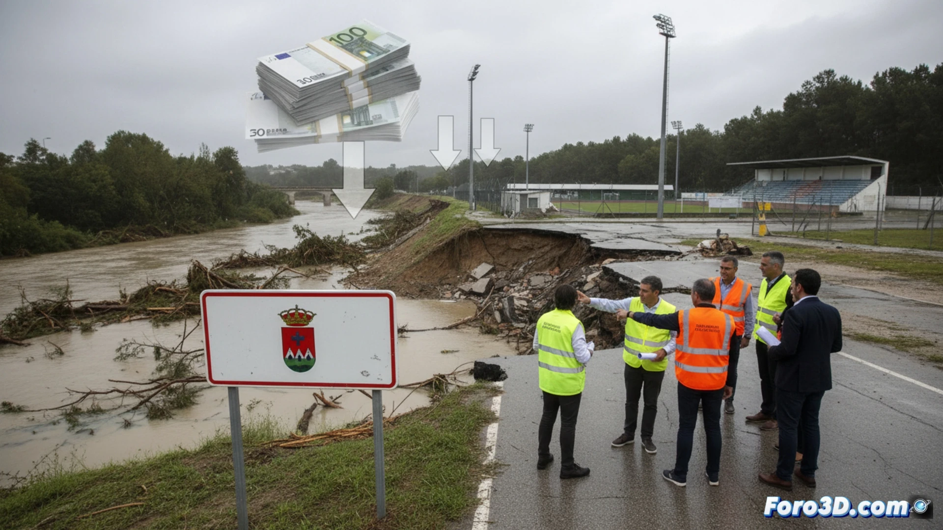 Modelo 3D de una zona urbana afectada por inundaciones, generado a partir de datos de dron, mostrando daños en infraestructuras.