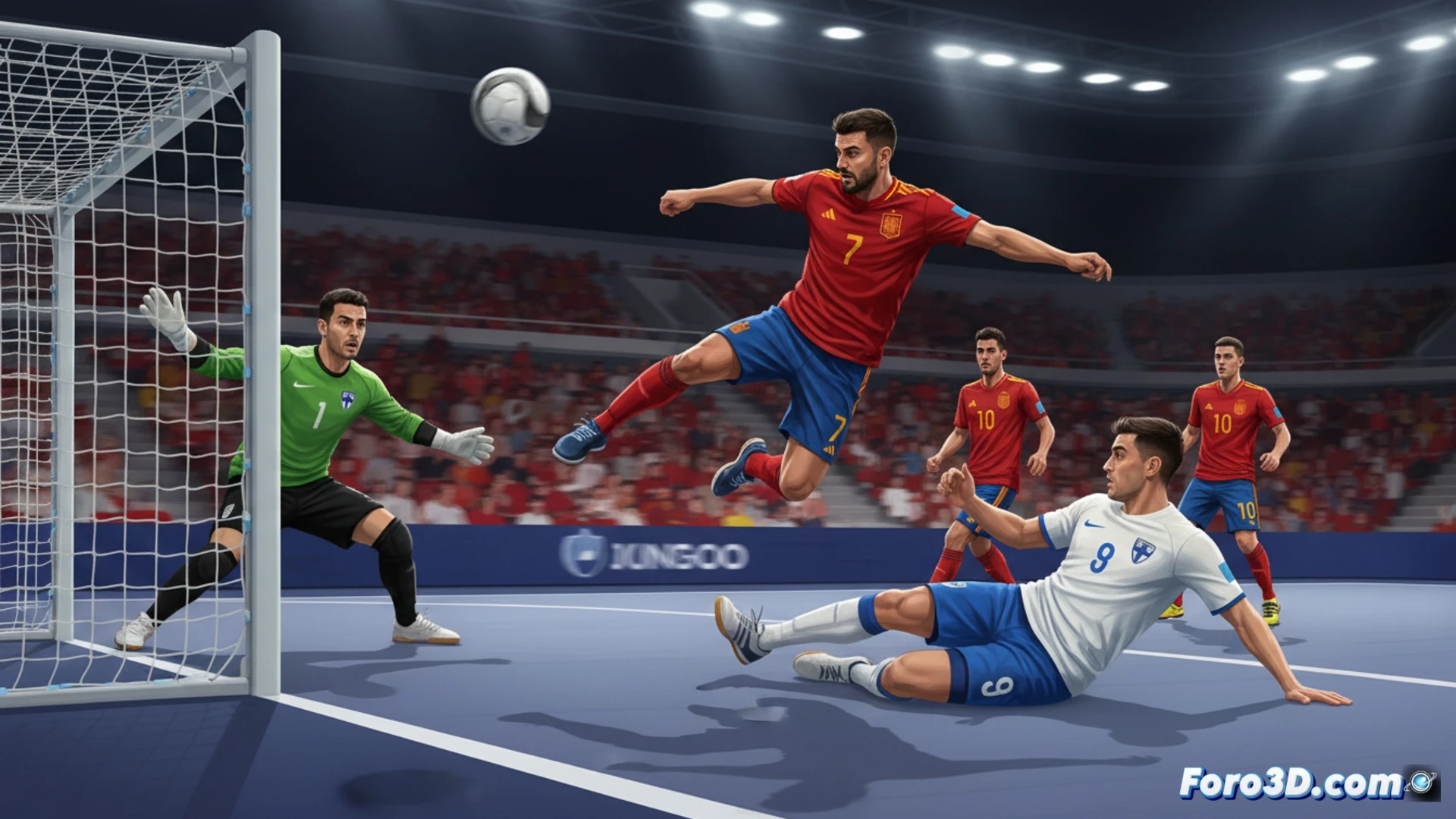 Entrenador analiza jugada de futbol sala en una pantalla 3D interactiva con modelos de jugadores en movimiento.