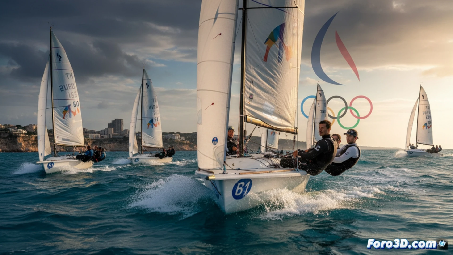 Prototipo virtual de foils de vela olímpica en software de diseño 3D, mostrando análisis de flujo y tensiones.