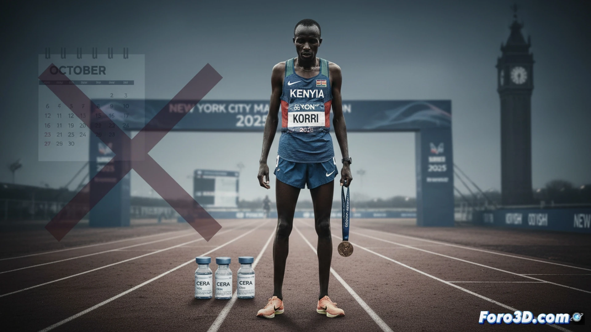 Modelo 3D de un atleta en movimiento, con superposicion de datos biomecanicos y zonas de rendimiento anomalo resaltadas.