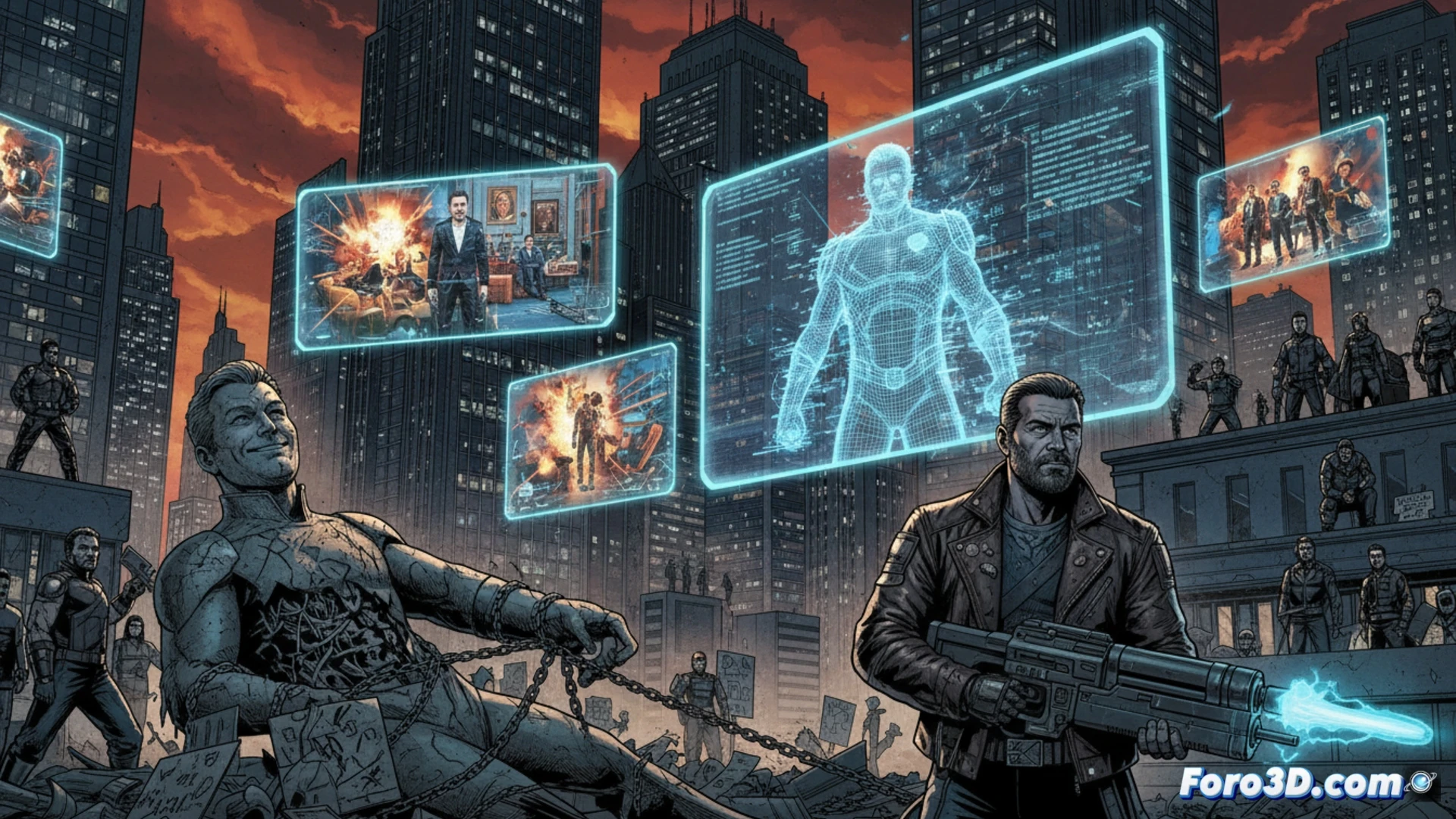 Homelander y Soldado Boy en enfrentamiento, con efectos visuales de energia y destruccion a su alrededor.