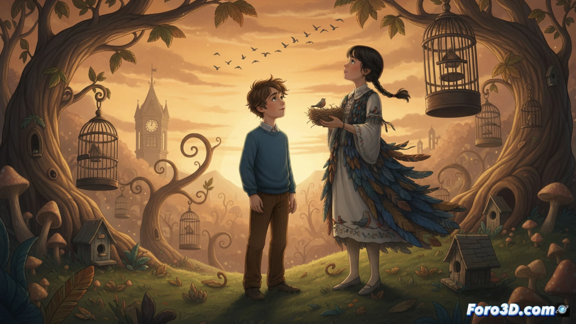 Niño con mascara de pajaro observando a una nina en un entorno onirico y colorido.