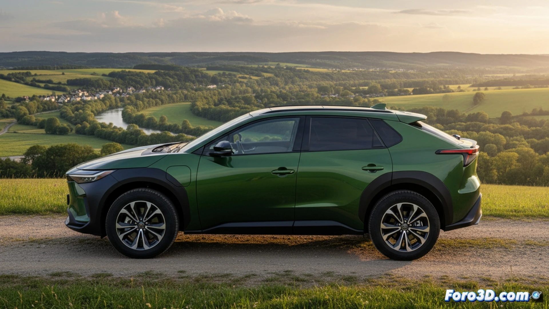Toyota bZ4X Touring en carretera de montaña, destacando su diseño aerodinámico y líneas futuristas.