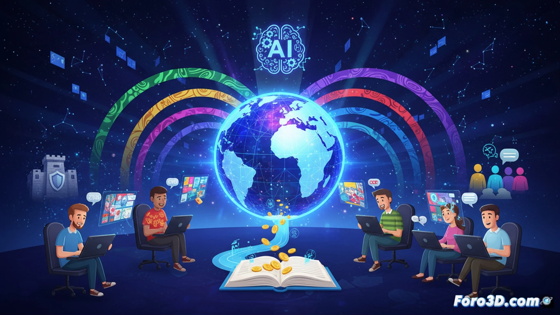 Un artista digital observa su webtoon traducido por IA en una pantalla, con iconos de idiomas flotando alrededor, expresando duda.