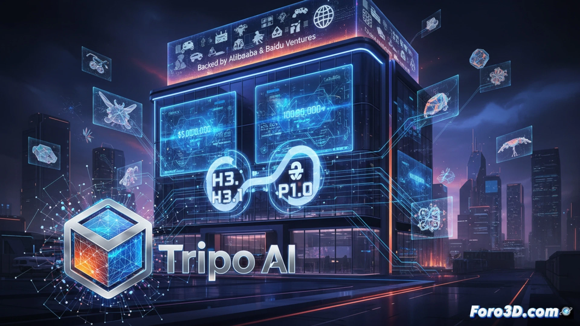 Logotipo de Tripo AI junto a modelos 3D generados por IA, mostrando un robot y un entorno fantástico.