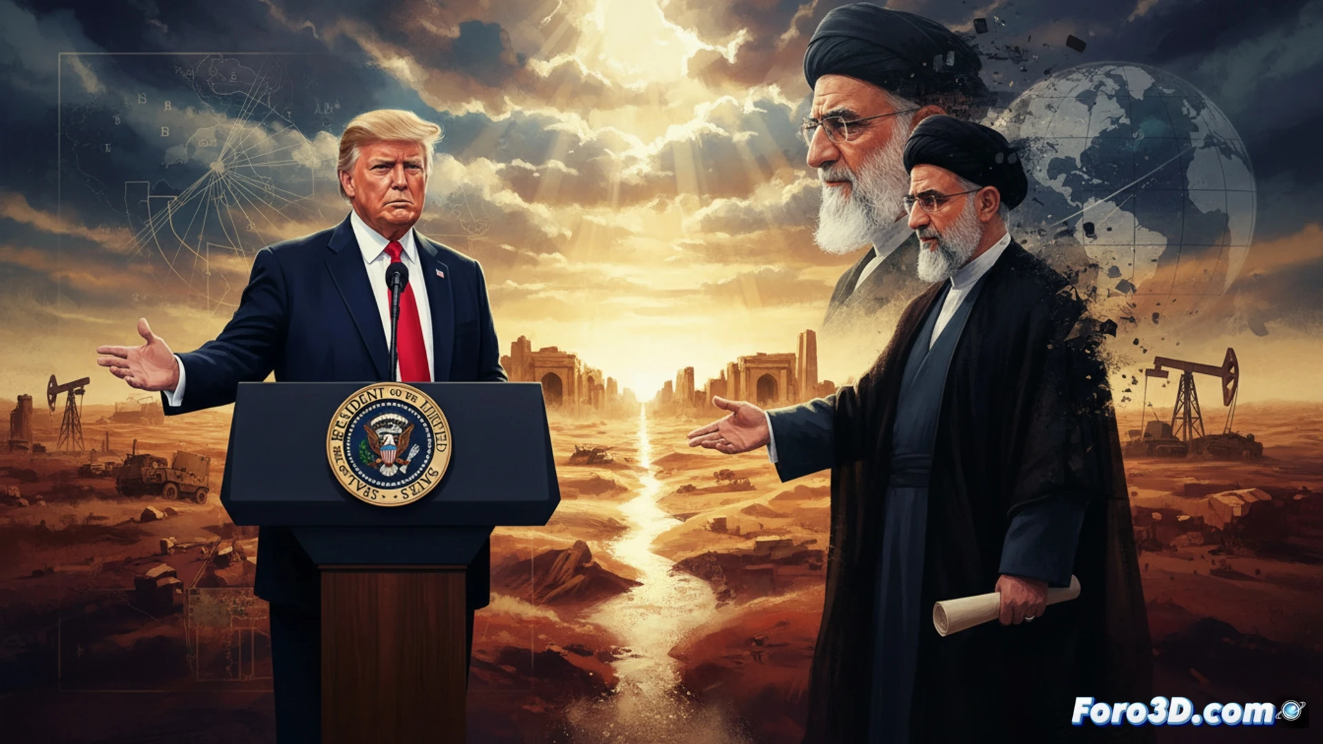 Imagen de Donald Trump ante banderas de EE.UU. e Irán, con un retrato desenfocado de Khamenei al fondo, en un entorno de mesa de negociaciones.
