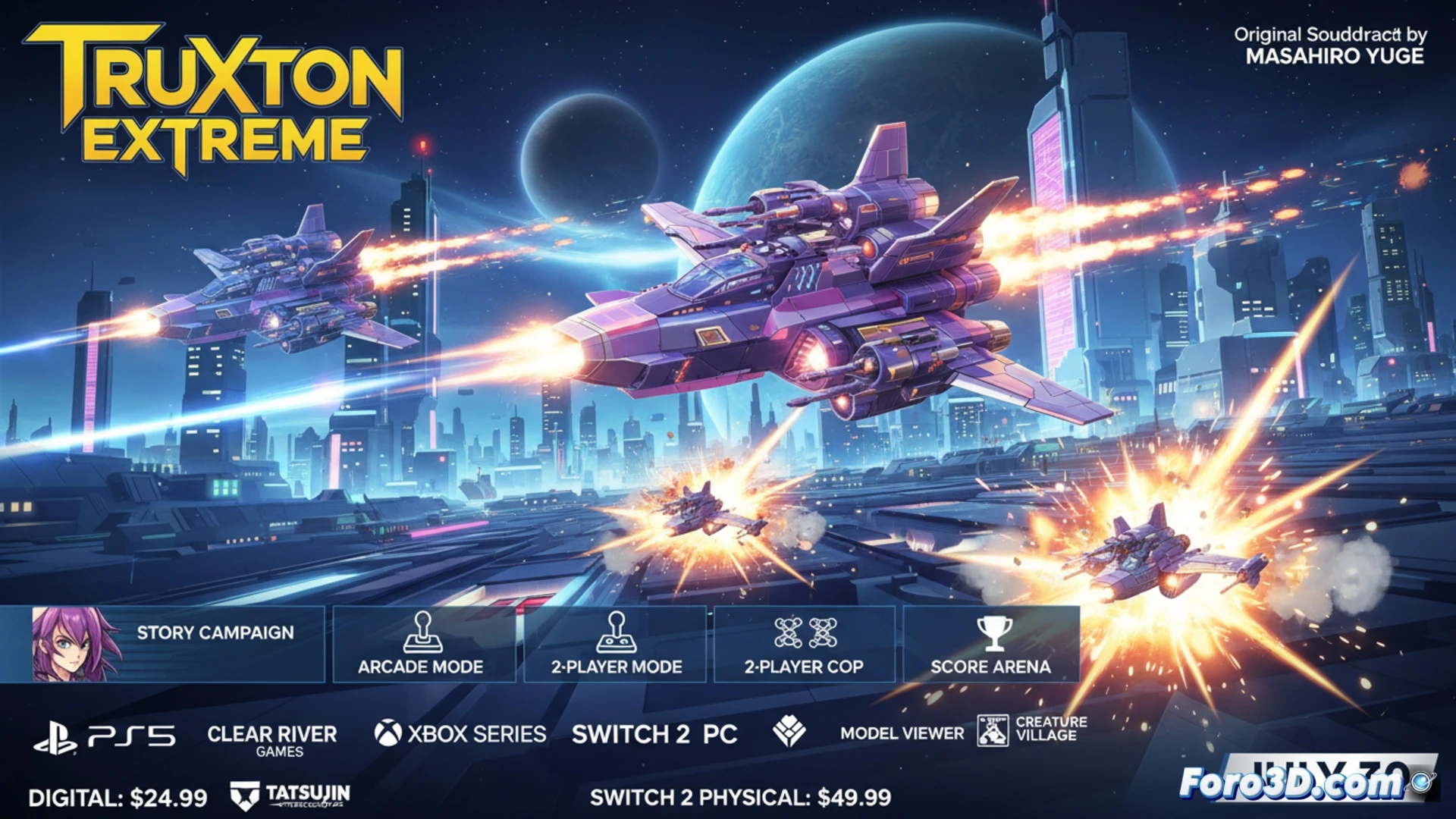 Portada de Truxton Extreme mostrando naves y explosiones en un campo de batalla espacial vibrante y colorido.