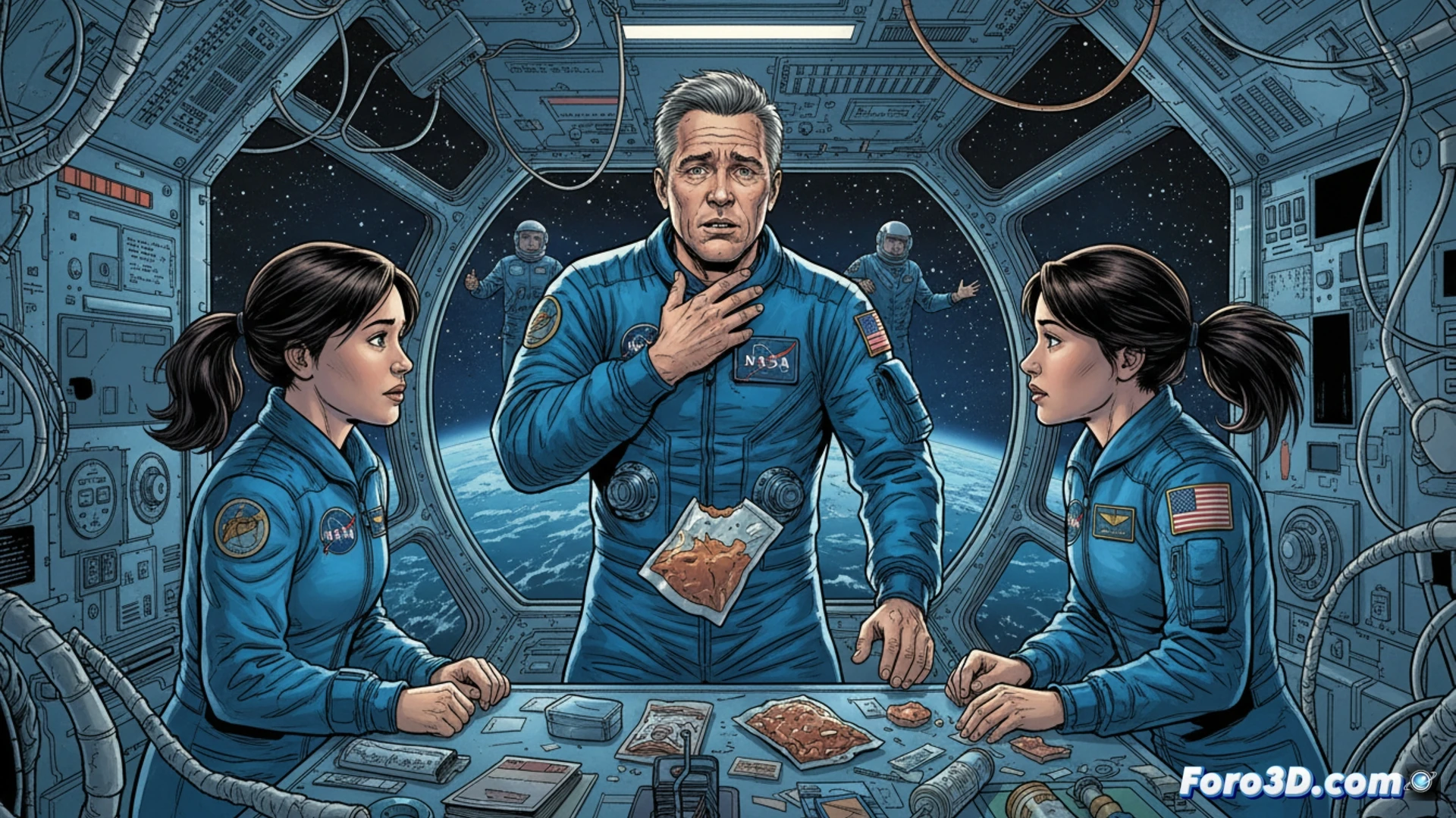 Modelo 3D de un astronauta con un diagrama superpuesto que muestra una obstruccion vascular cerebral en microgravedad.