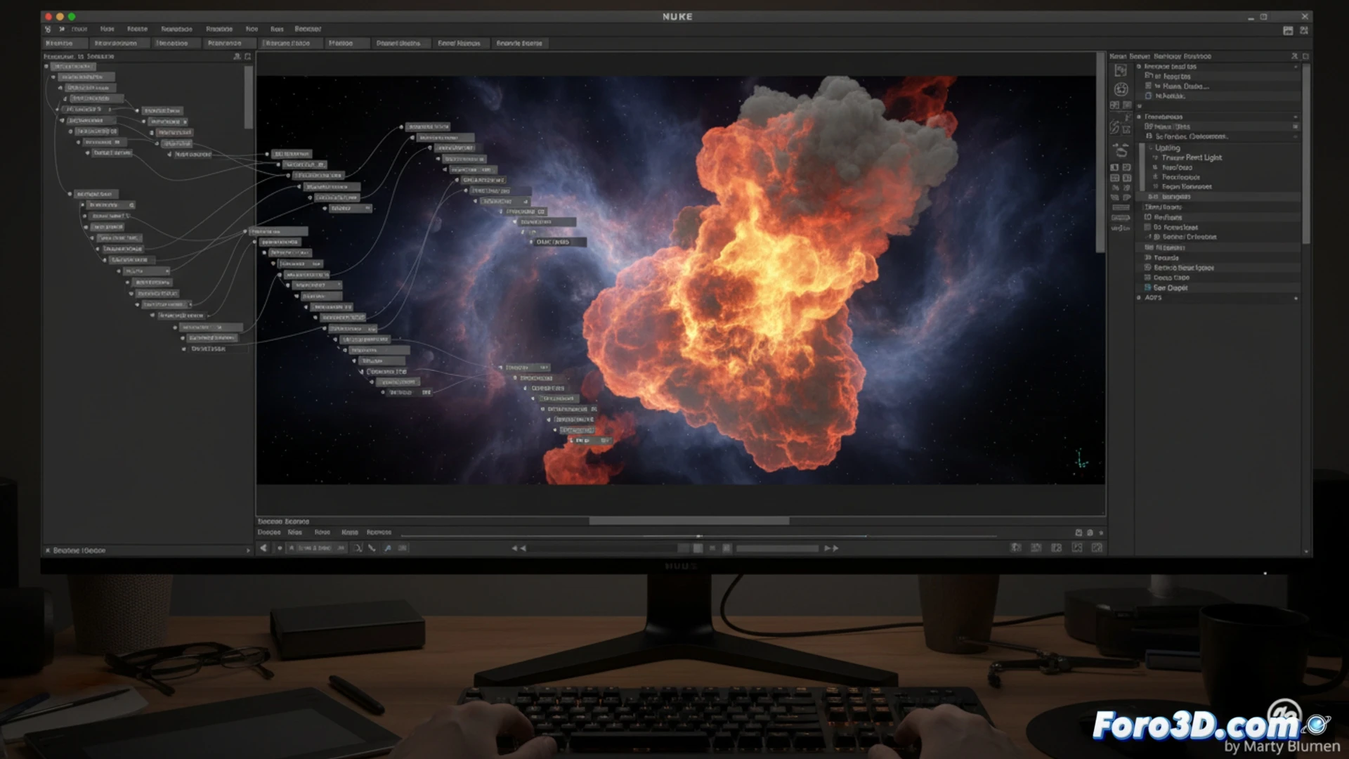 VDBRender interface in Nuke showing the rendering of a cloud volume with lighting and density controls.