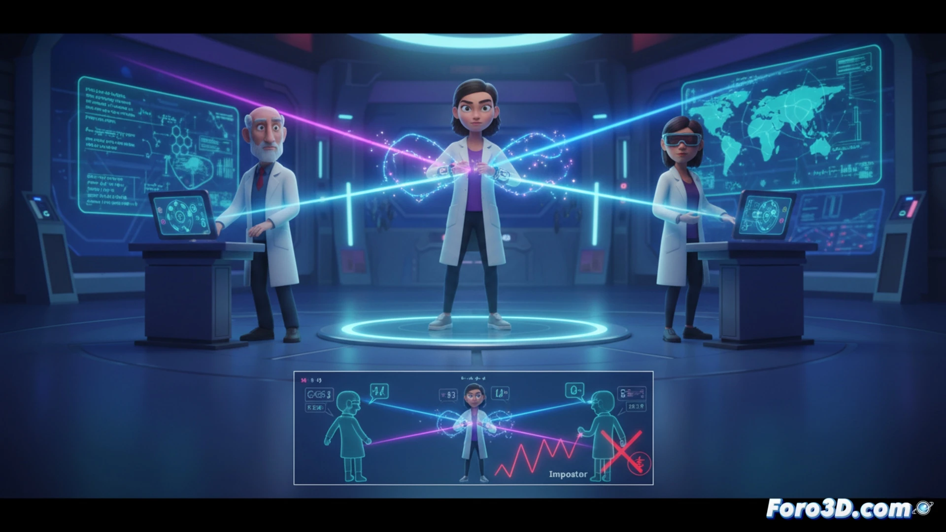 Dispositivo cuántico emitiendo fotones entrelazados para verificar una ubicacion geografica exacta en un mapa digital.