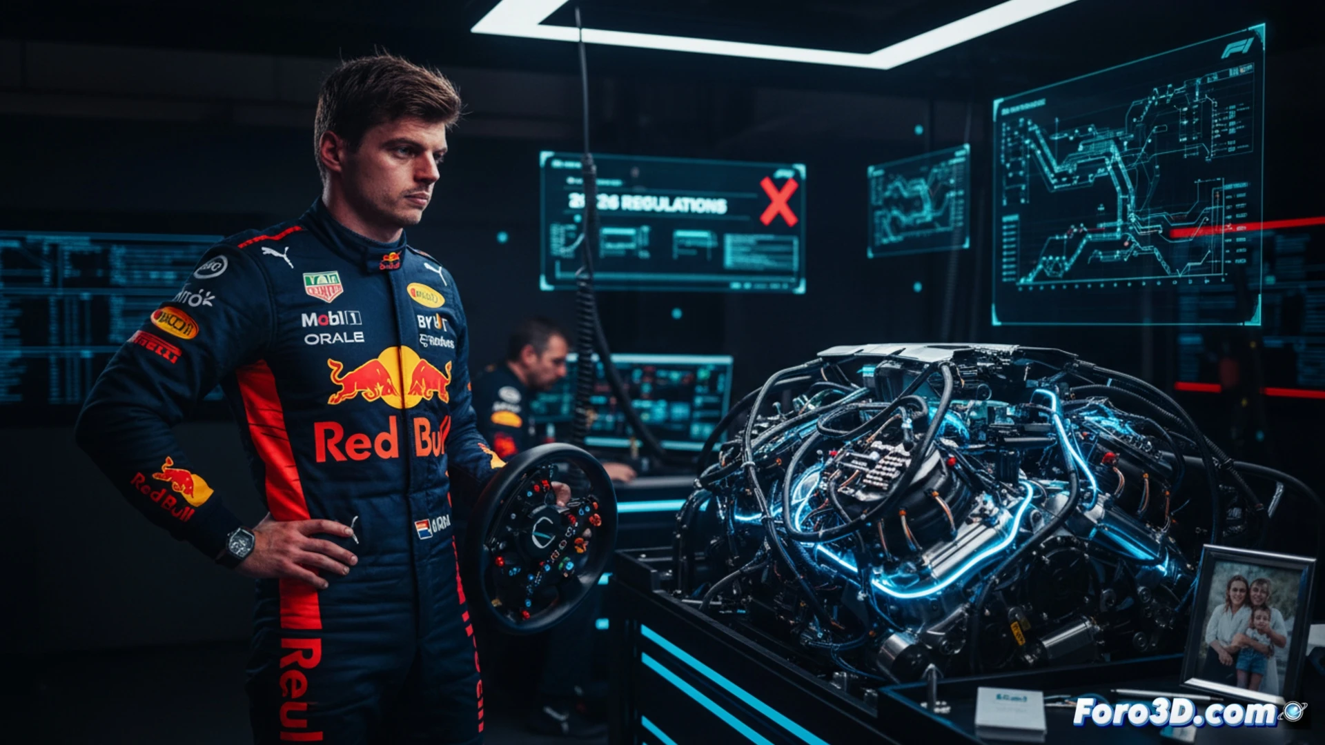 Max Verstappen en el cockpit de su monoplaza, con un overlay digital mostrando complejos flujos de energia y datos del reglamento 2026.
