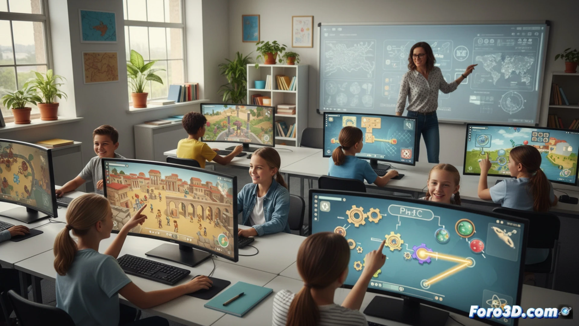 A young woman plays on her tablet, while on the screen icons of history, mathematics, and physics overlap on a colorful interactive world.