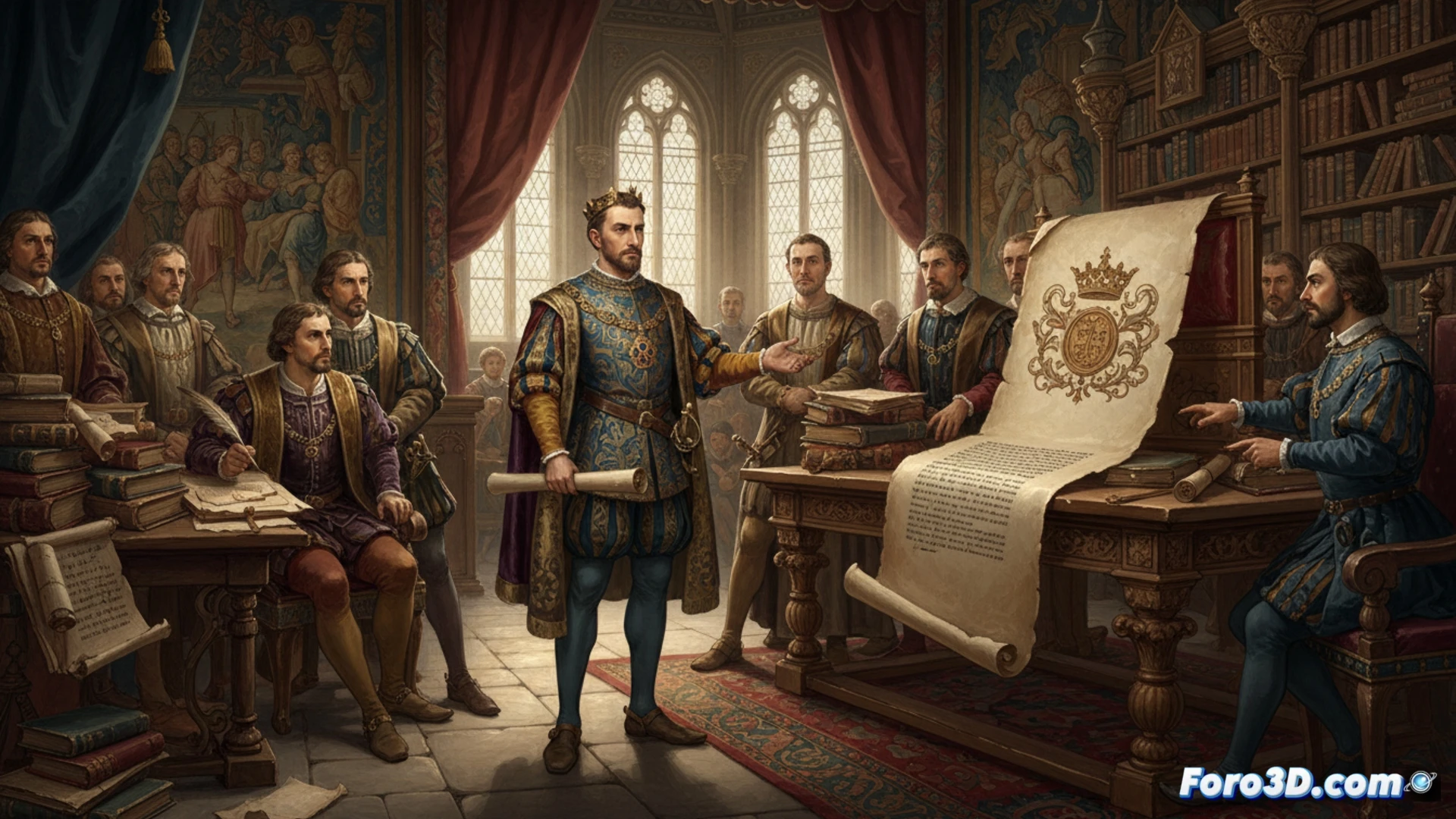 Mapa de Francia en 1539 con el sello real y texto en latin y frances emergiendo del documento.