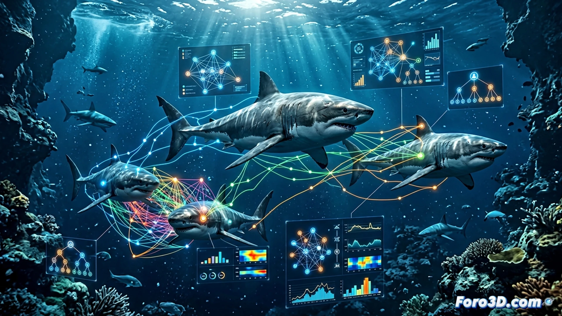 Visualización 3D del comportamiento social en tiburones blancos