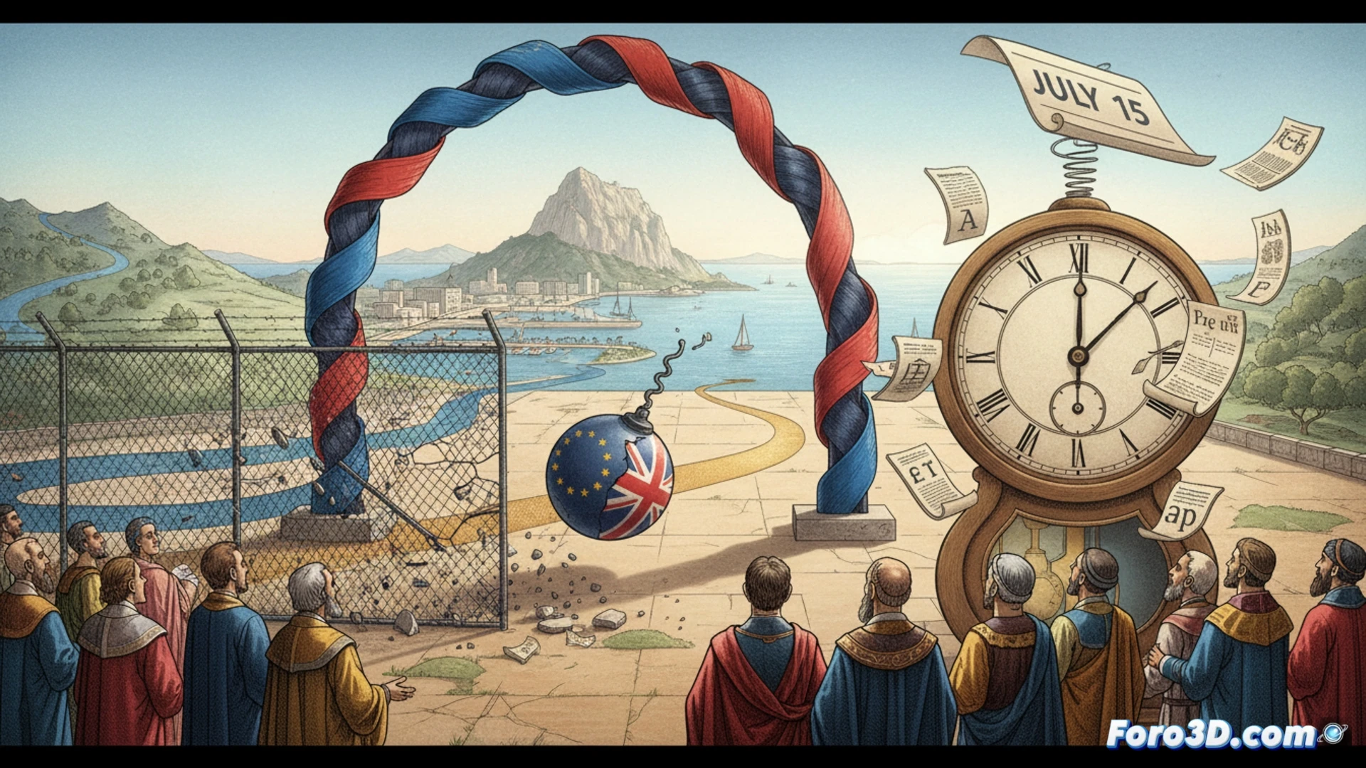 Modelo 3D de la nueva frontera de Gibraltar mostrando flujos legales y logisticos en el Estrecho.