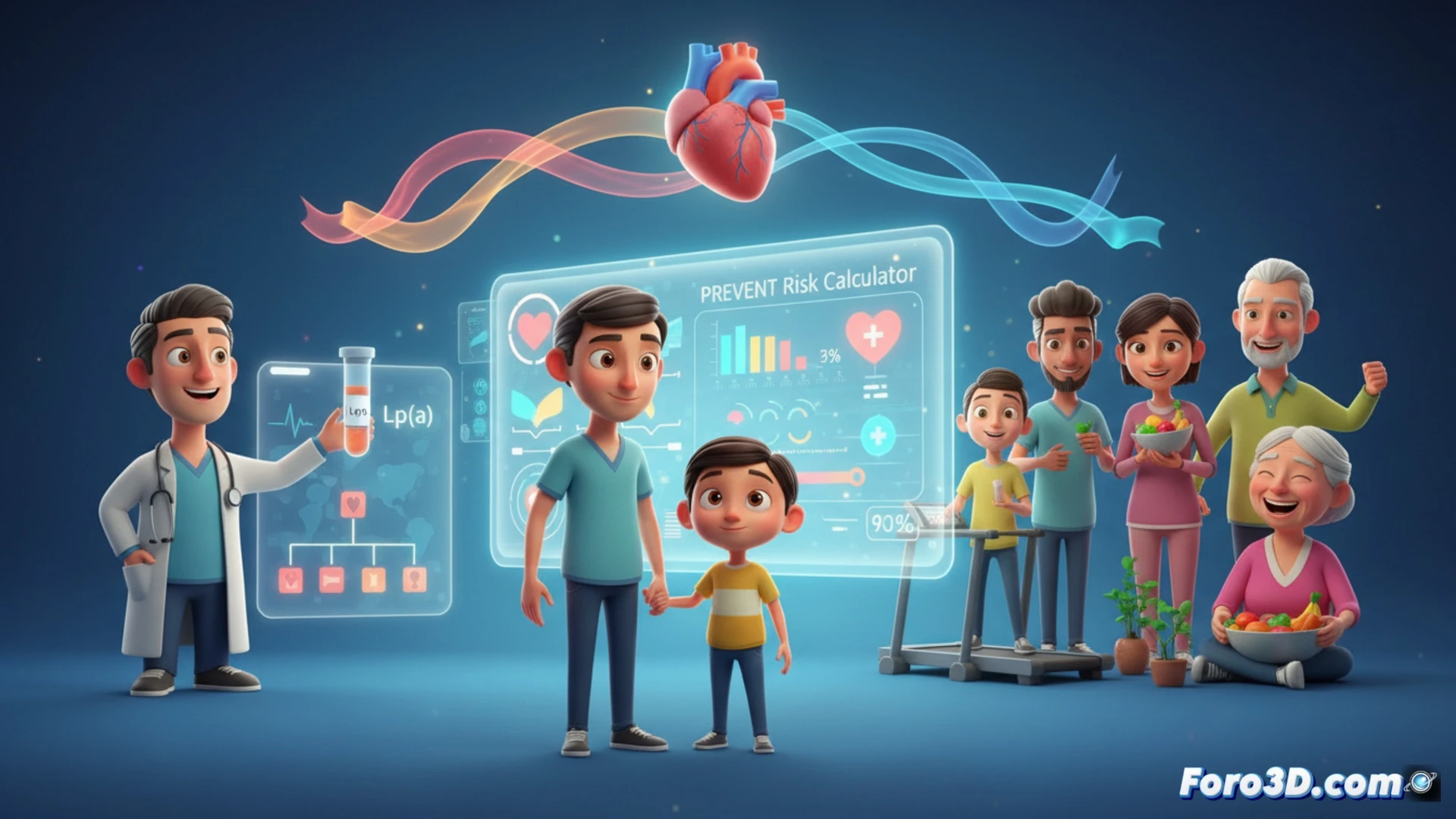 Modelo 3D de arteria mostrando acumulacion progresiva de placa de colesterol desde la infancia hasta la edad adulta.