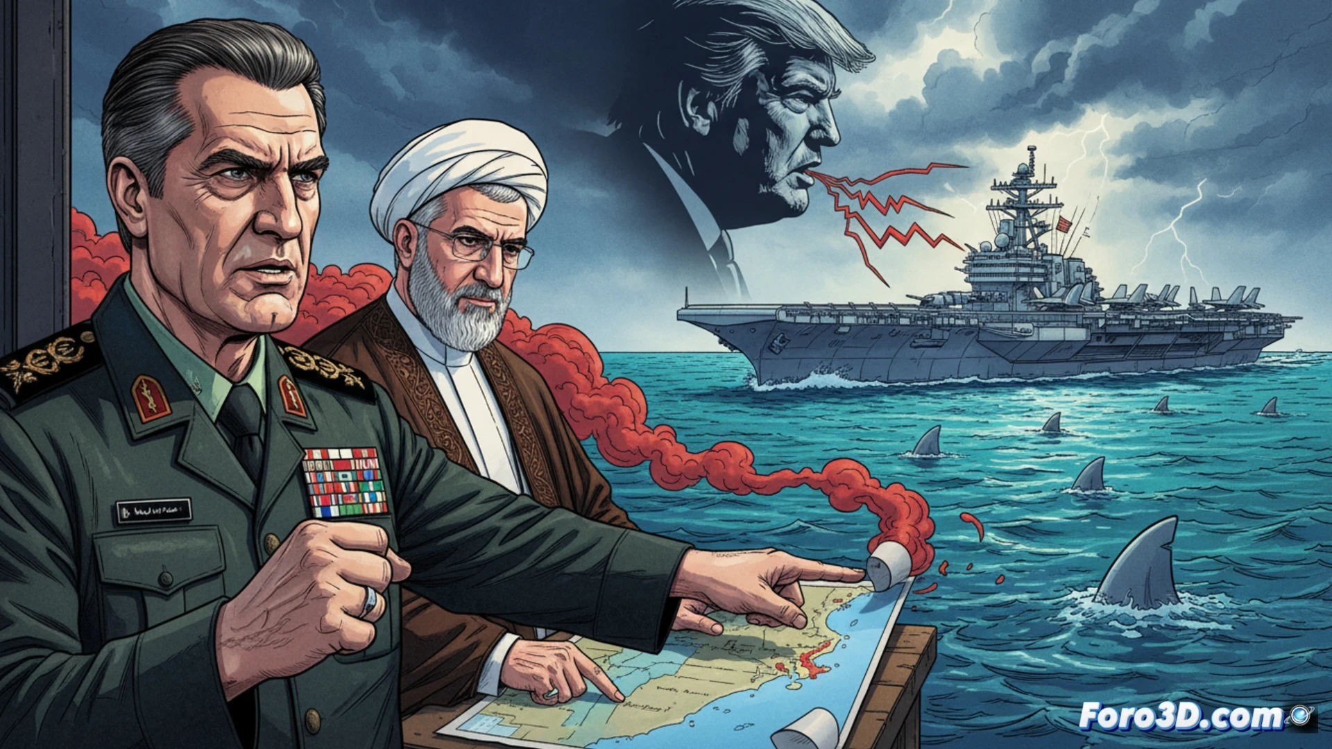 Modelo 3D del estrecho de Ormuz con despliegue de fuerzas navales y aereas, mostrando puntos criticos y rutas.