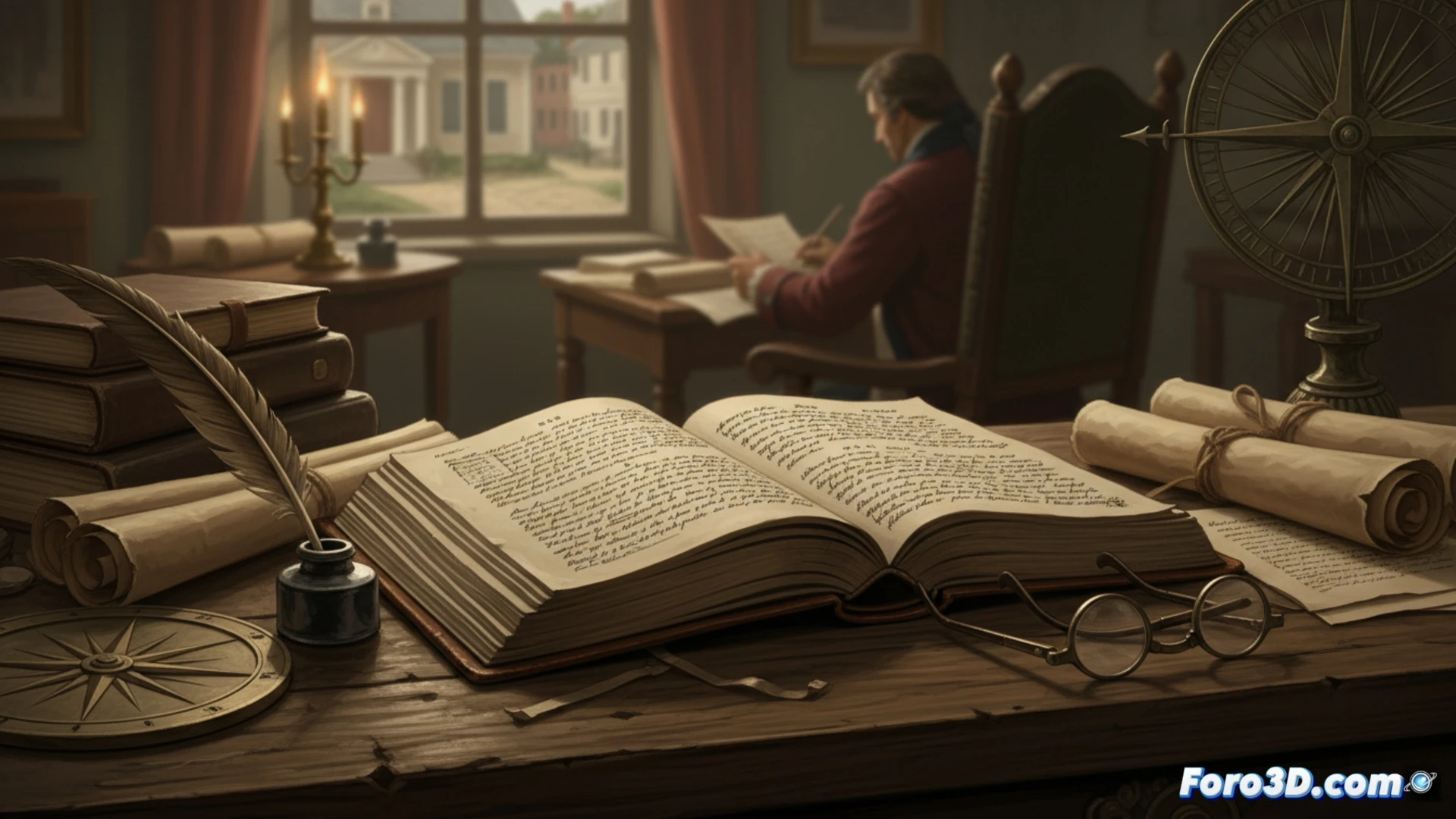 Recreacion 3D de la Convencion Constitucional de 1787, con delegados debatiendo en la sala de Filadelfia.