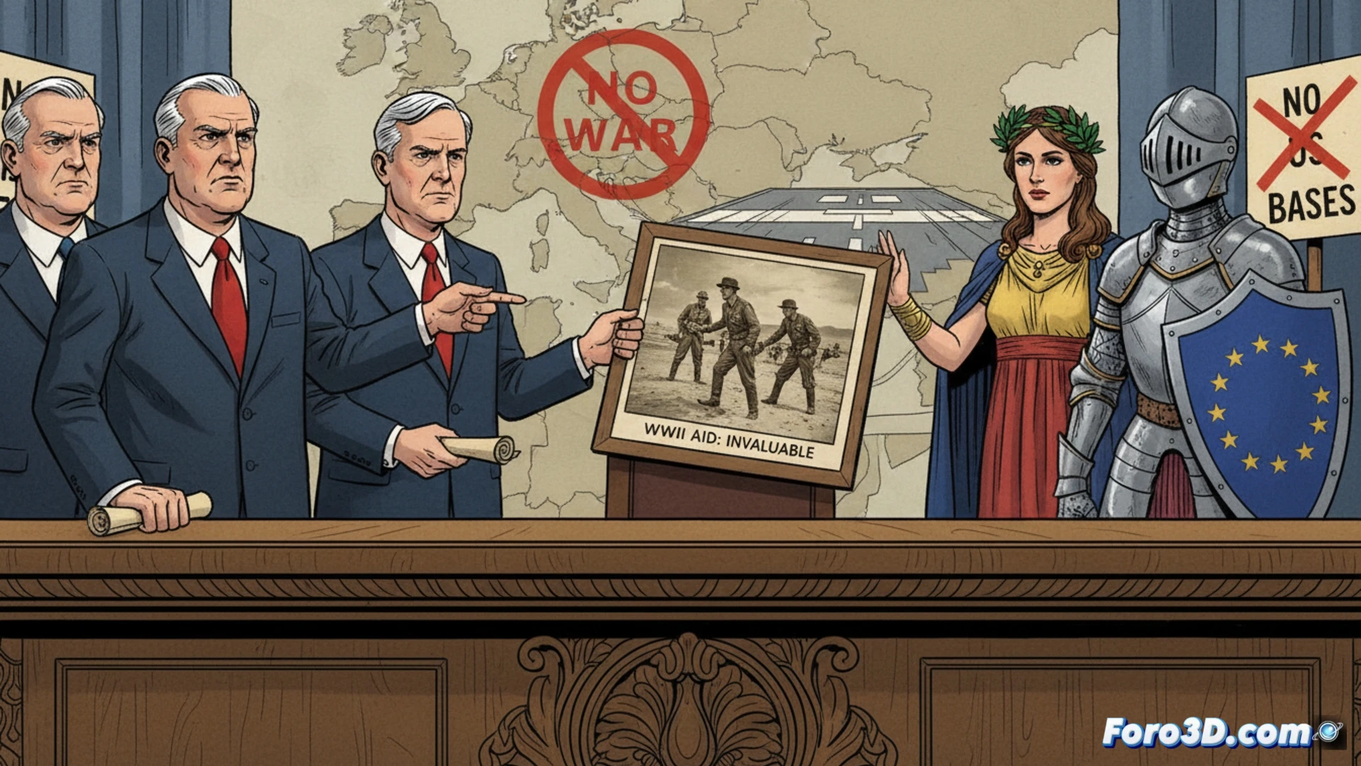 Mapa 3D de Europa mostrando nodos logísticos y bases militares clave con líneas de dependencia estratégica.