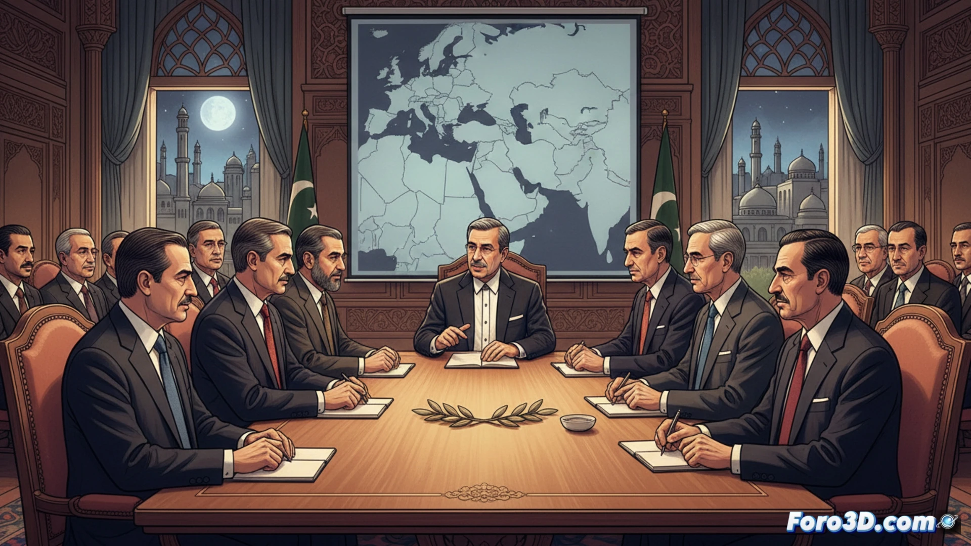 Representacion 3D de un mapa estrategico del Golfo Persico, mostrando zonas de desescalada y corredores diplomaticos.