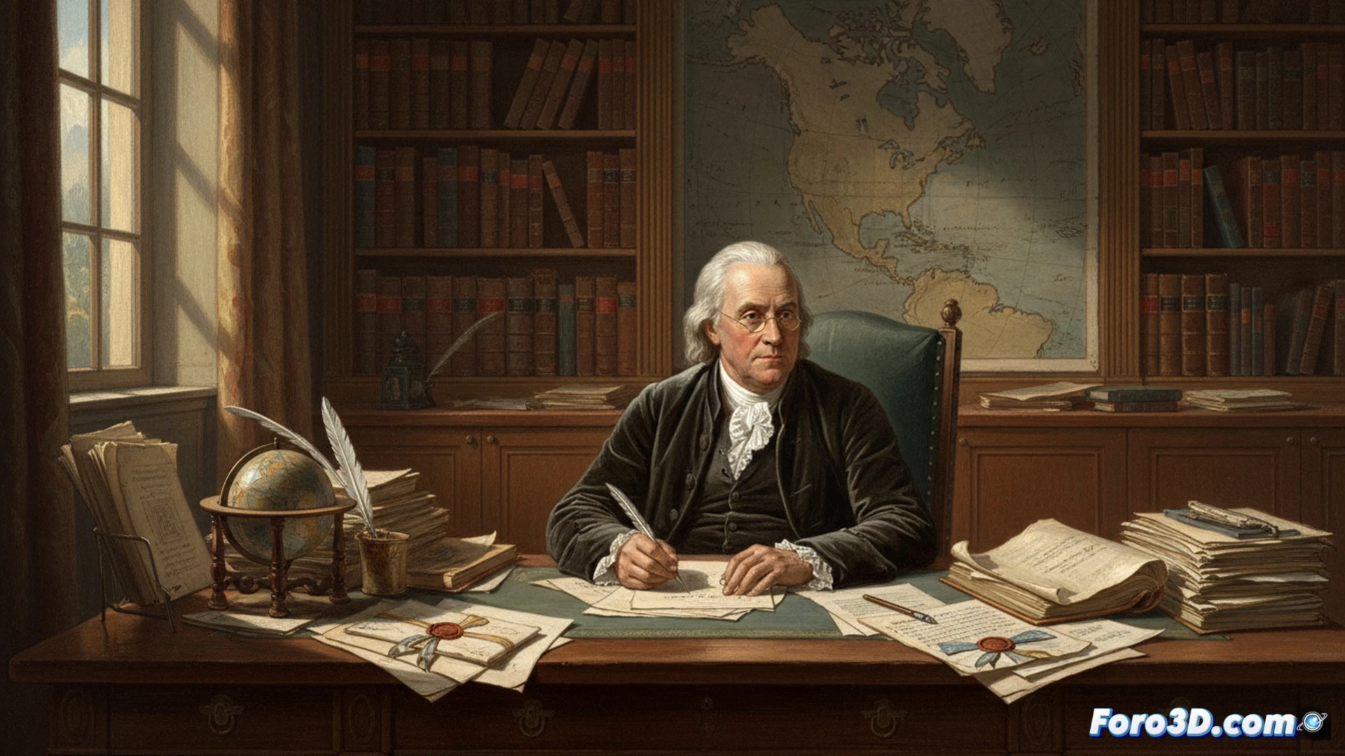 Mapa 3D de rutas diplomaticas de cartas de Franklin a traves del Atlantico, con lineas conectando America y Europa.