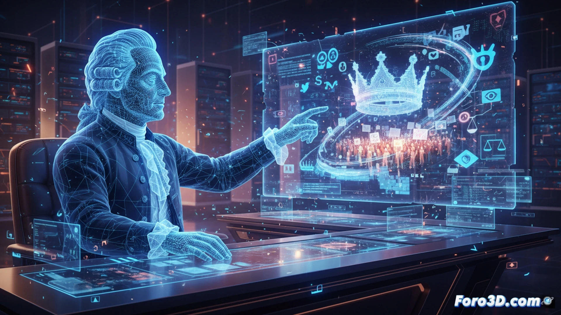 Una escultura digital 3D de Voltaire con cuerpo de circuitos y un megáfono en la mano, en una plaza llena de iconos modernos.