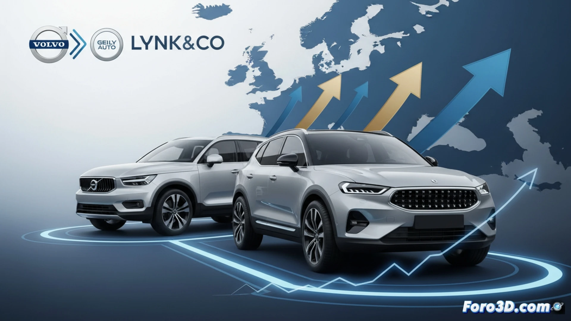 Un SUV Lynk & Co y un Volvo electrico, modelos 3D alineados sobre una plataforma modular comun.