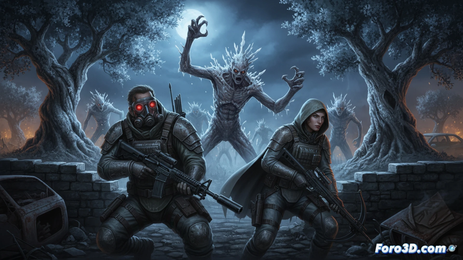 Dos agentes en trajes de protección observan un paisaje rural devastado bajo un cielo ominoso, con estilo visual retro pixelado.