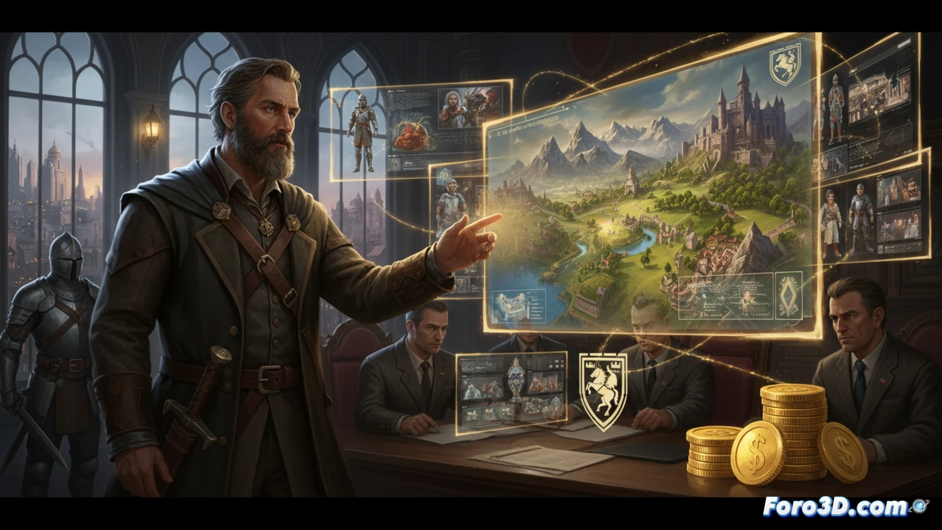 Concept art de un paisaje de la Tierra Media, con un guerrero observando una fortaleza en la distancia.