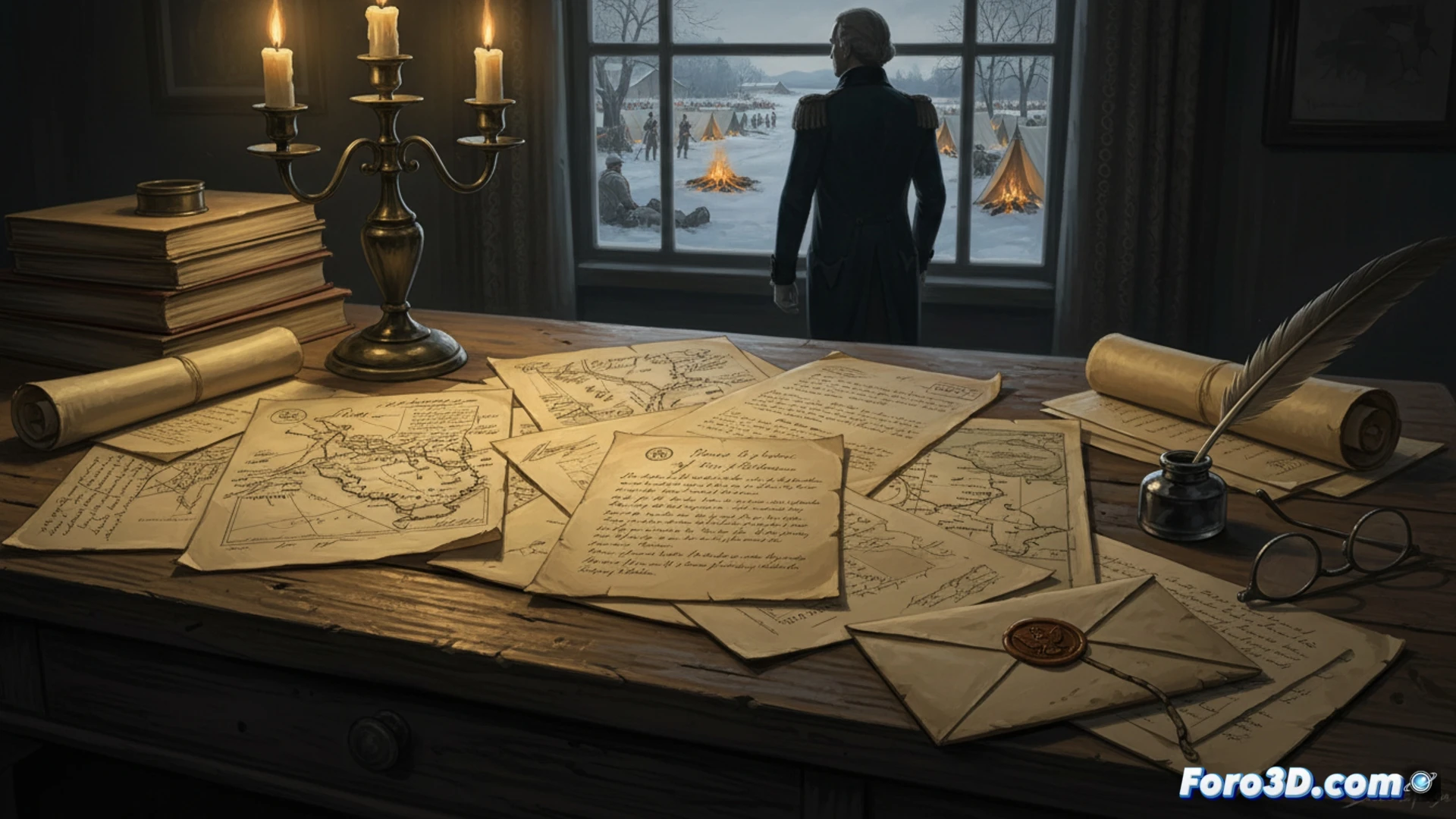 Modelo 3D de una red de nodos que conecta cartas de Washington, mostrando flujos de comunicacion y temas clave en la Revolucion.