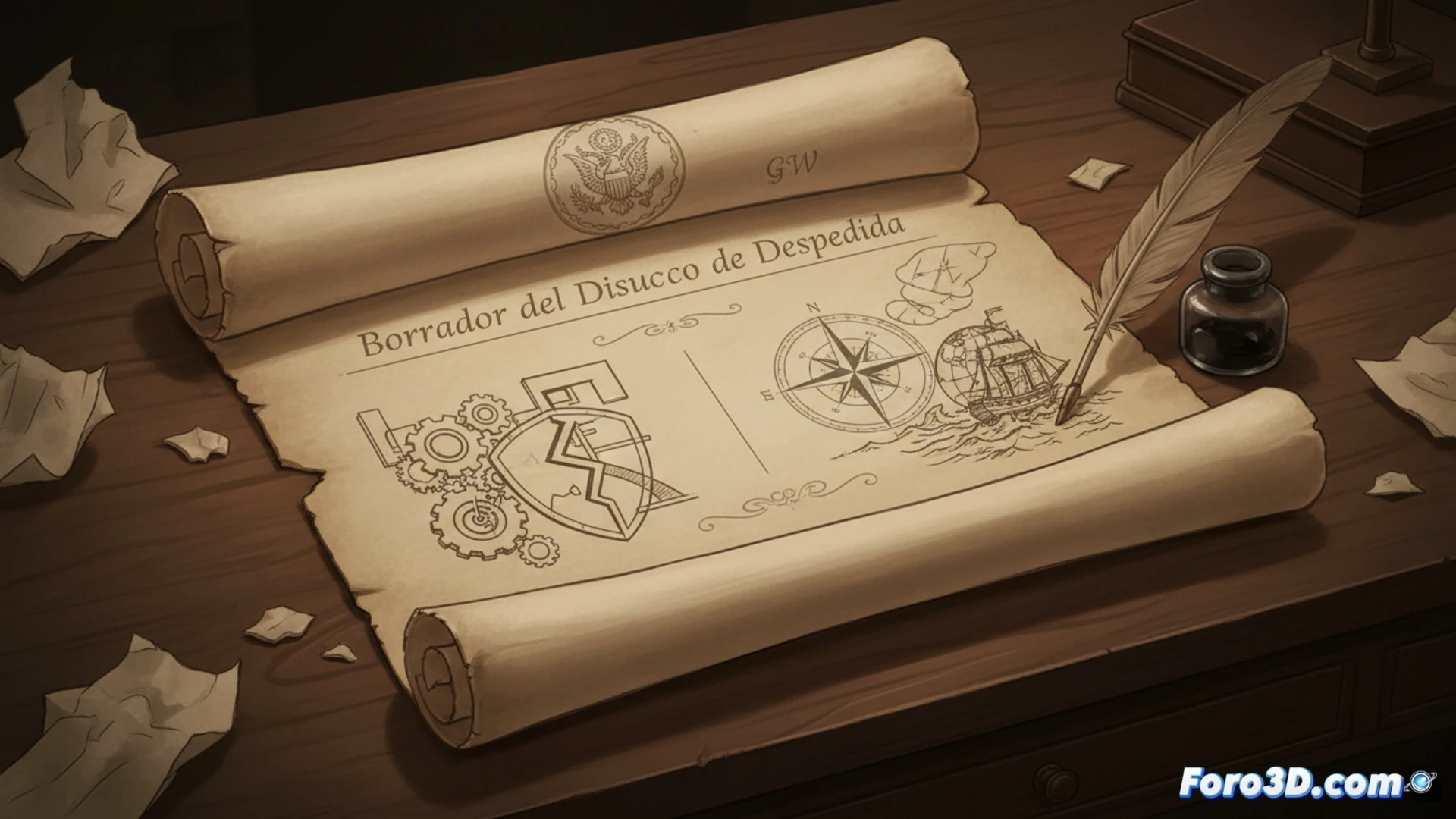 Mapa 3D de conexiones políticas que se ramifican desde un documento histórico central, mostrando su influencia hasta el presente.