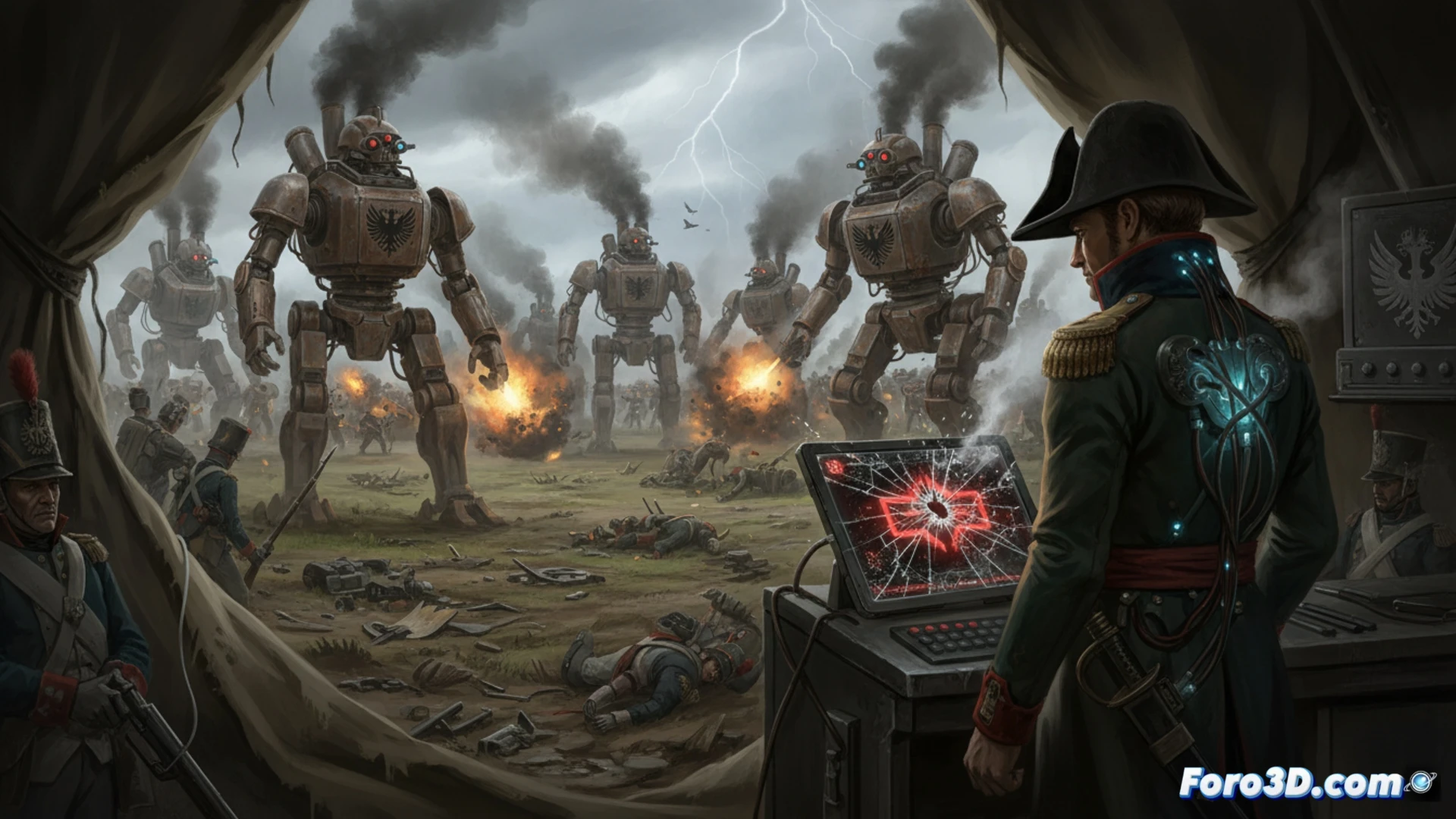 Napoleon observa un mapa holografico defectuoso en su cuartel steampunk, rodeado de humo y engranajes.