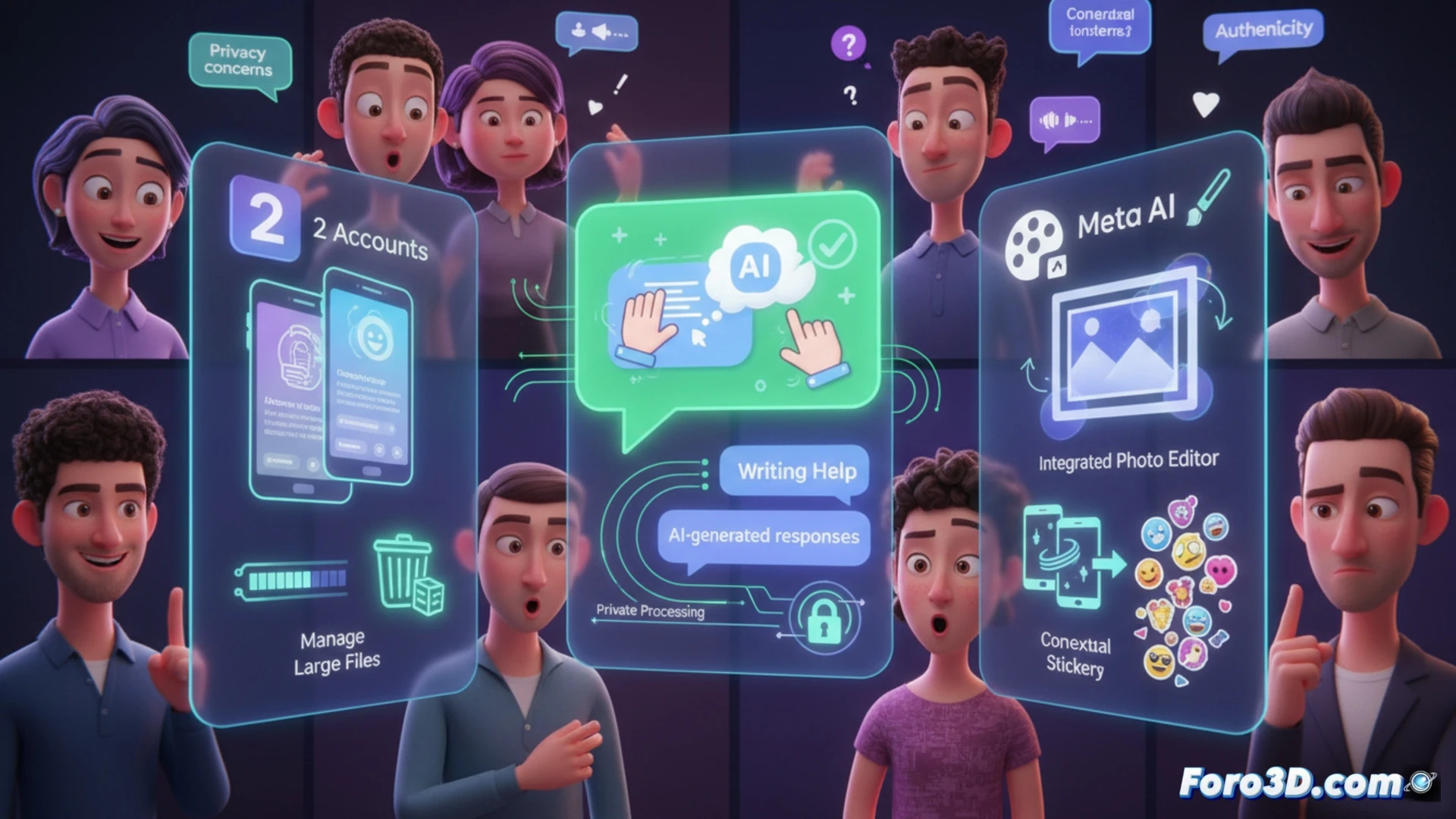 Un teléfono muestra un chat de WhatsApp con sugerencias de respuestas generadas por inteligencia artificial en la pantalla.