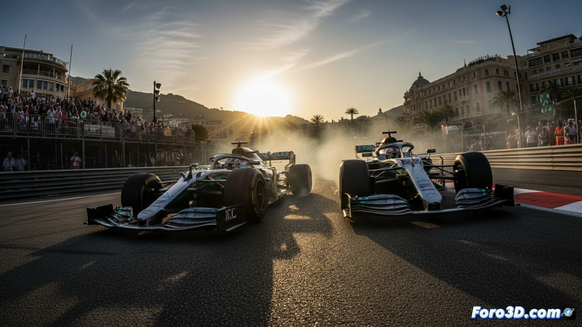 Toto Wolff de Mercedes observa pantallas 3D con datos de simulacion de circuito, mientras analiza informes financieros.