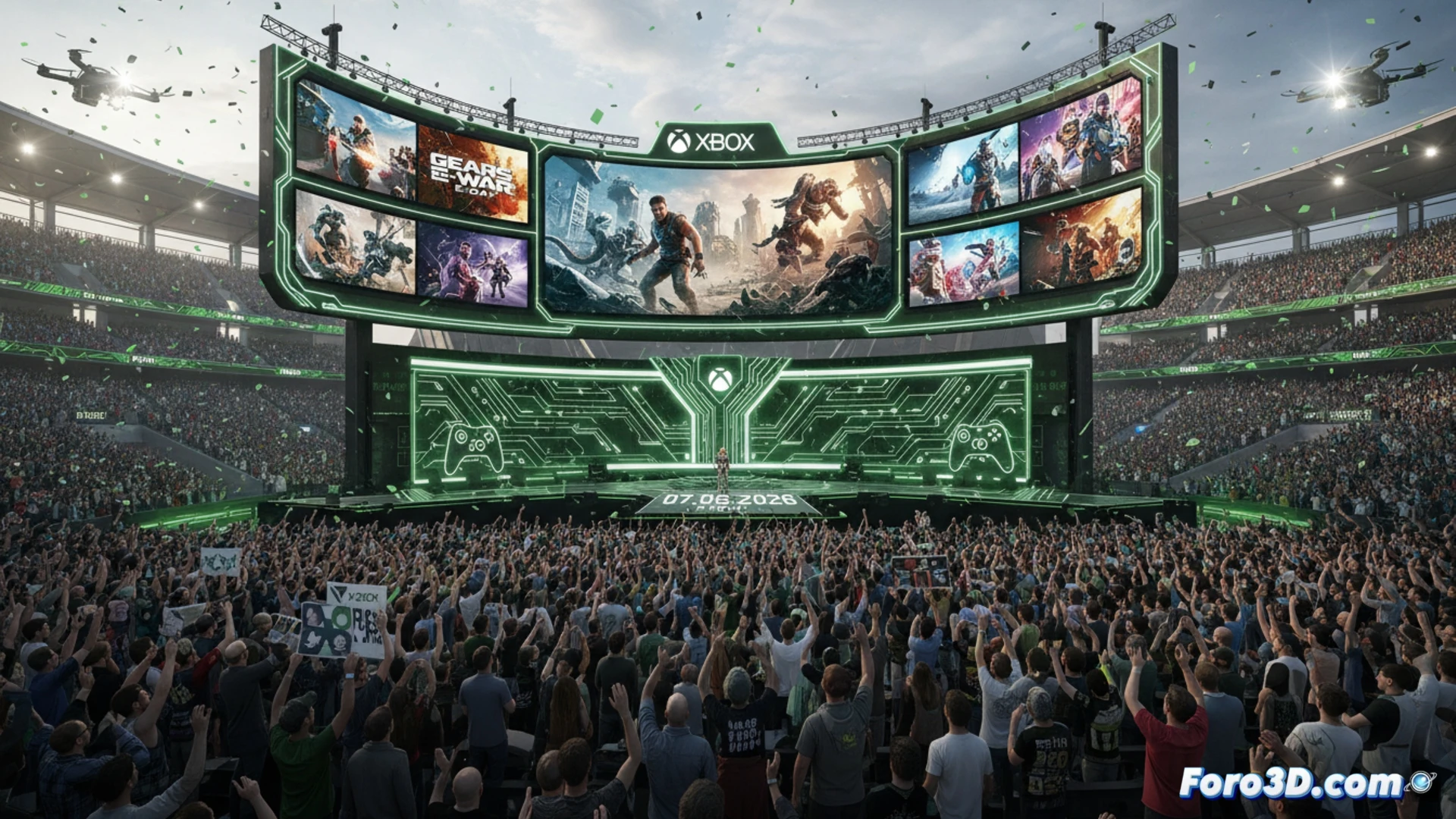 Logotipo de Xbox junto a un motor grafico y herramientas de desarrollo, simbolizando el enfoque tecnico del evento.