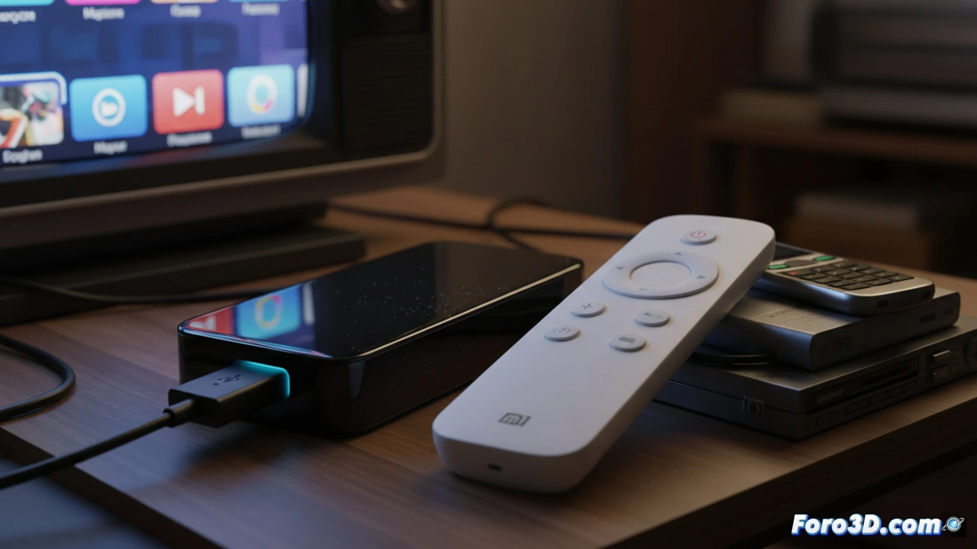 Xiaomi TV Stick HD 2 sobre fondo oscuro, con detalles de sus especificaciones técnicas en texto superpuesto.